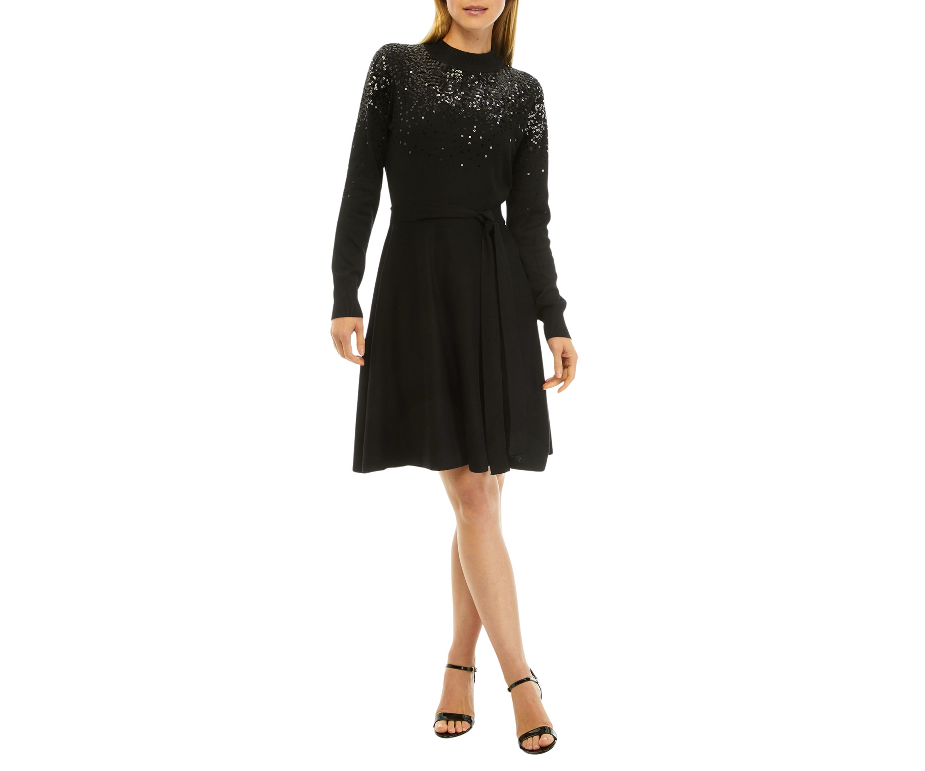 Sequin Embellished Turtleneck Fit & Flare Dress