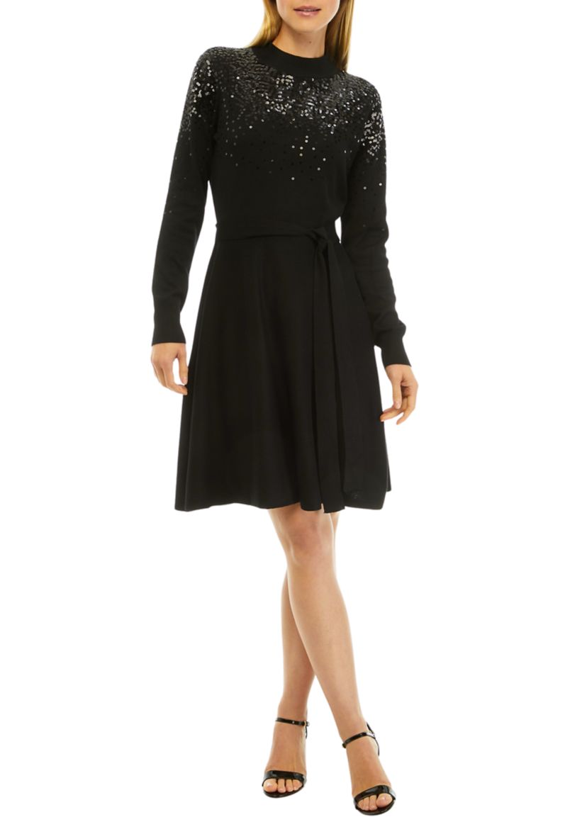 Sequin Embellished Turtleneck Fit & Flare Dress