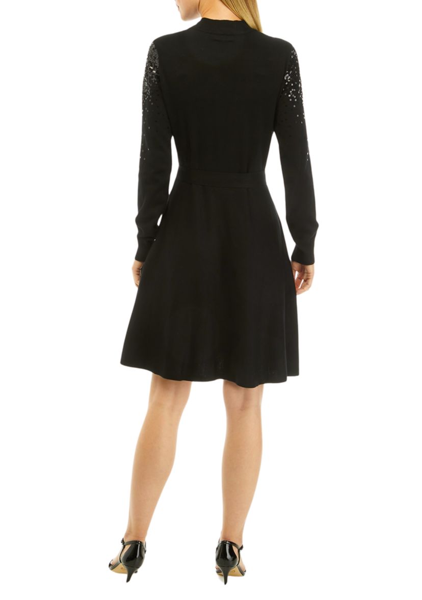 Sequin Embellished Turtleneck Fit & Flare Dress