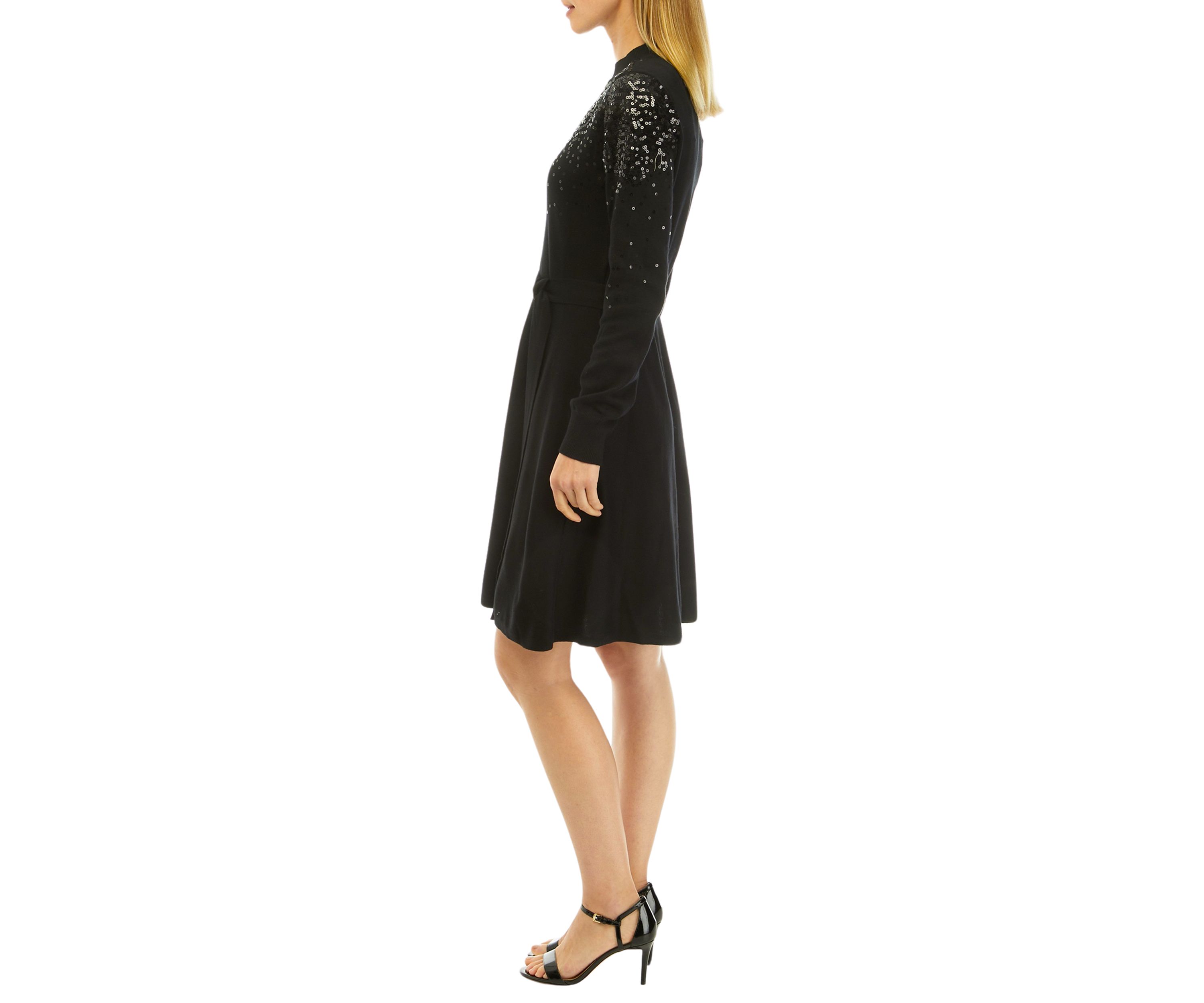 Sequin Embellished Turtleneck Fit & Flare Dress