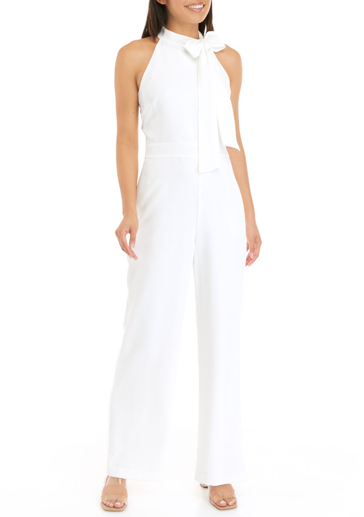 Womens Sleeveless Bow Tie Neck Solid Crepe Jumpsuit