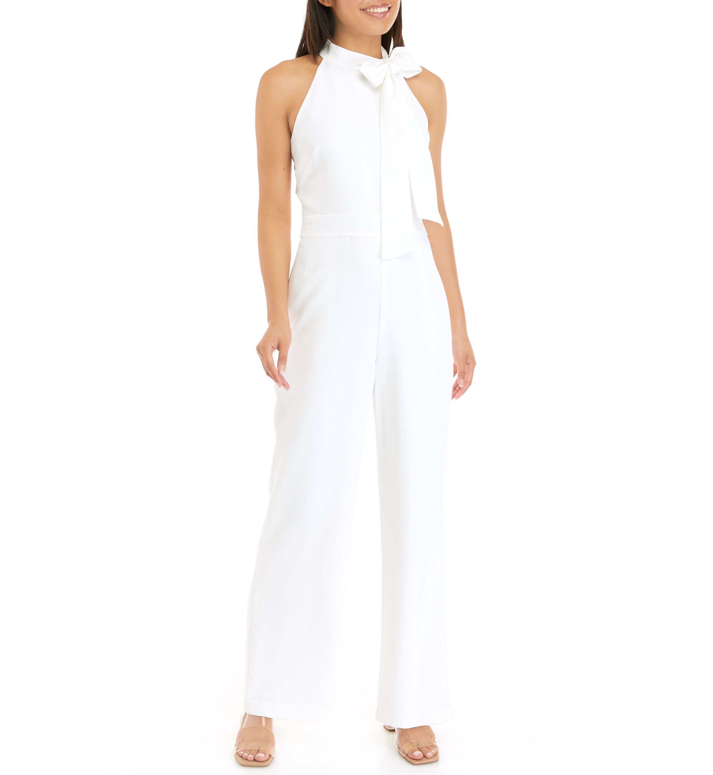 Womens Sleeveless Bow Tie Neck Solid Crepe Jumpsuit