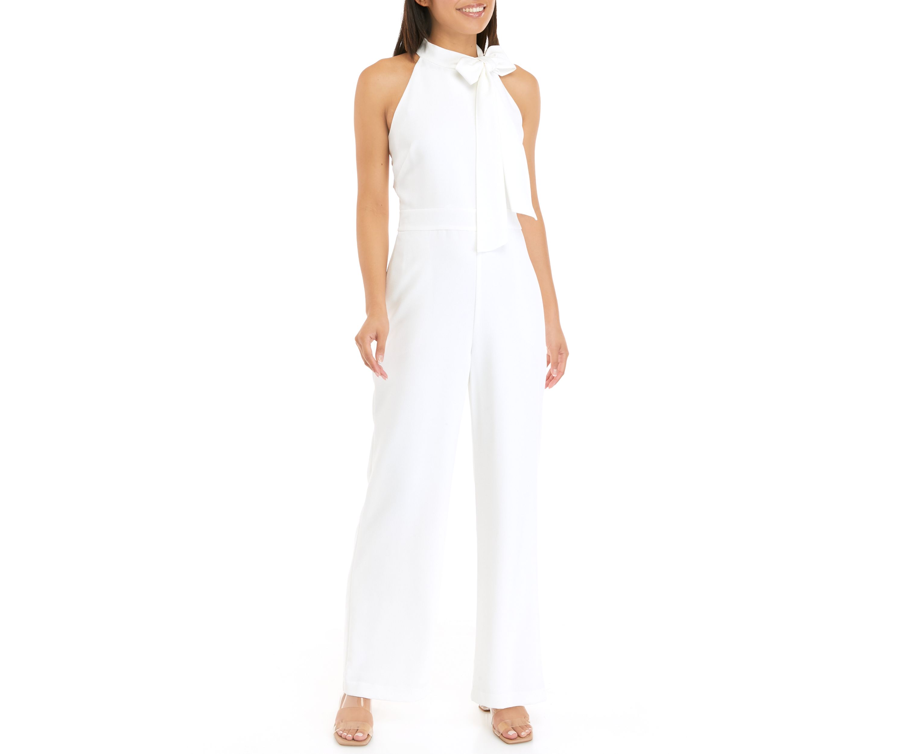 Womens Sleeveless Bow Tie Neck Solid Crepe Jumpsuit