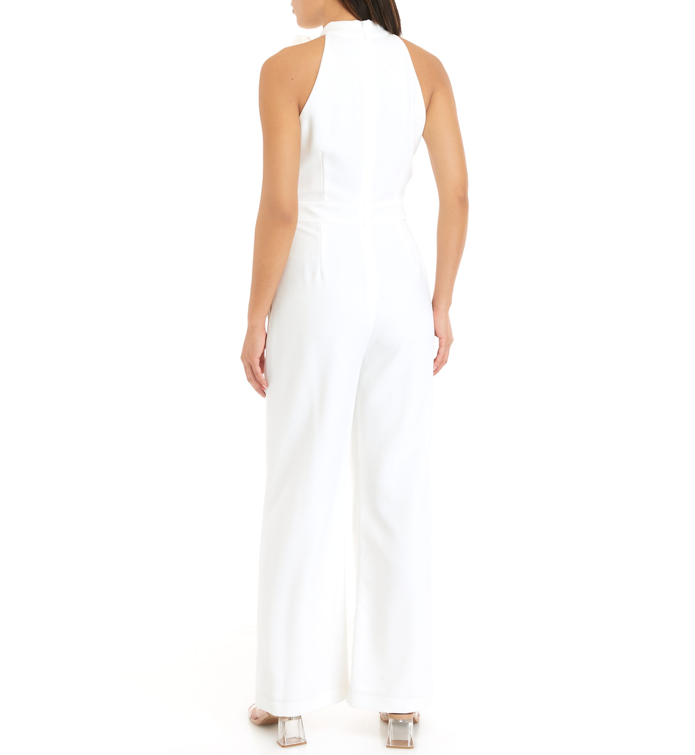 Womens Sleeveless Bow Tie Neck Solid Crepe Jumpsuit
