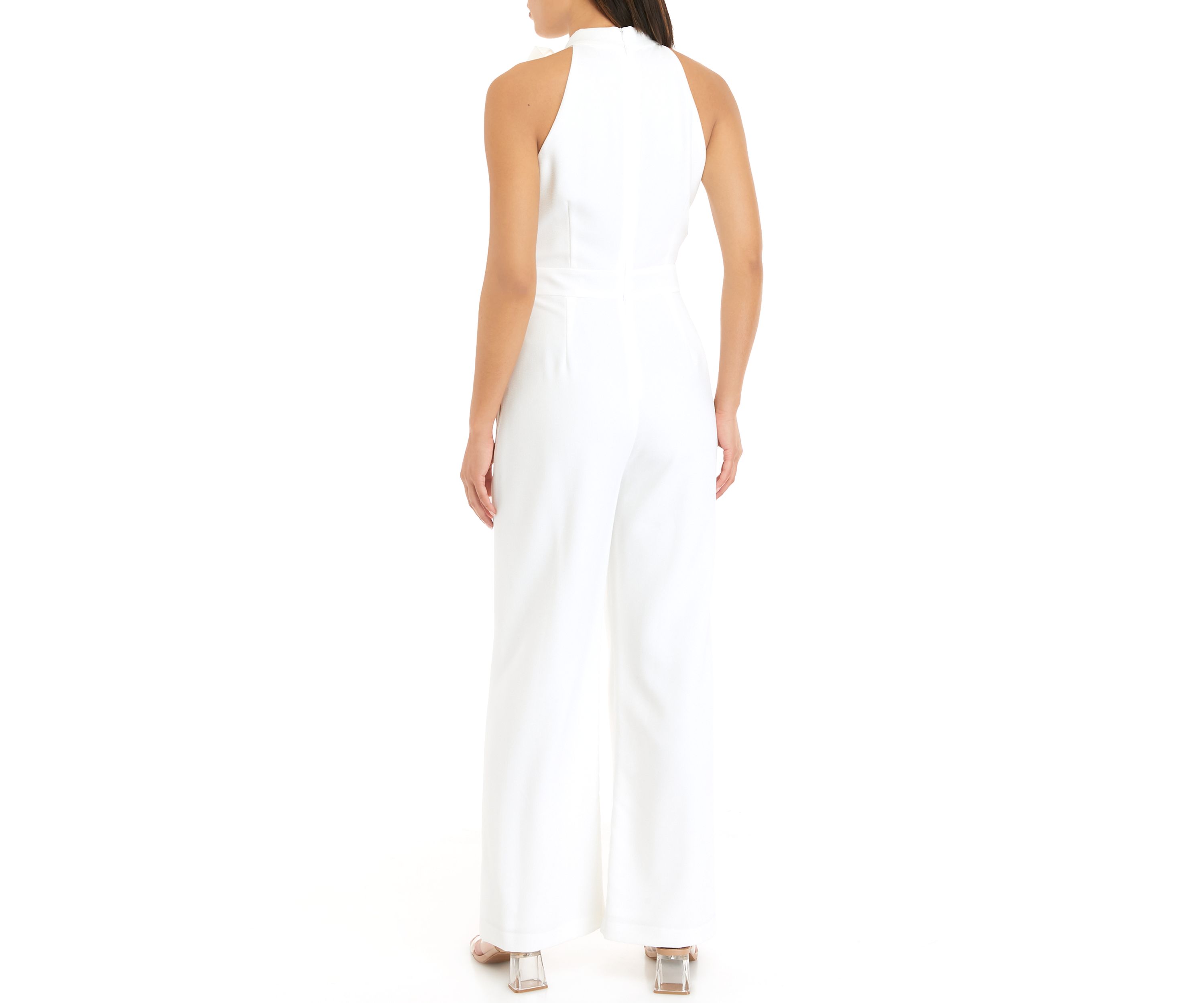 Womens Sleeveless Bow Tie Neck Solid Crepe Jumpsuit
