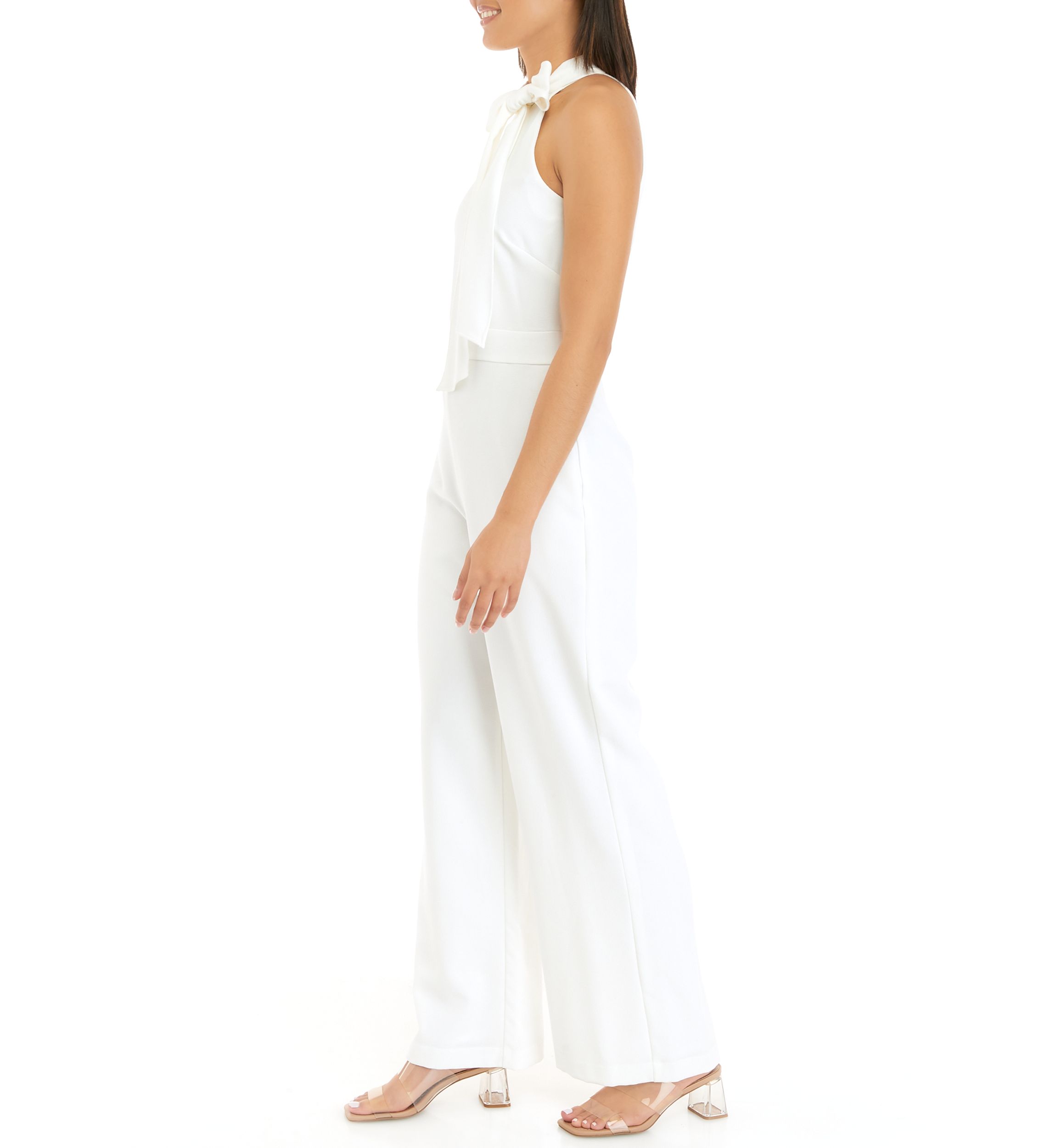 Womens Sleeveless Bow Tie Neck Solid Crepe Jumpsuit