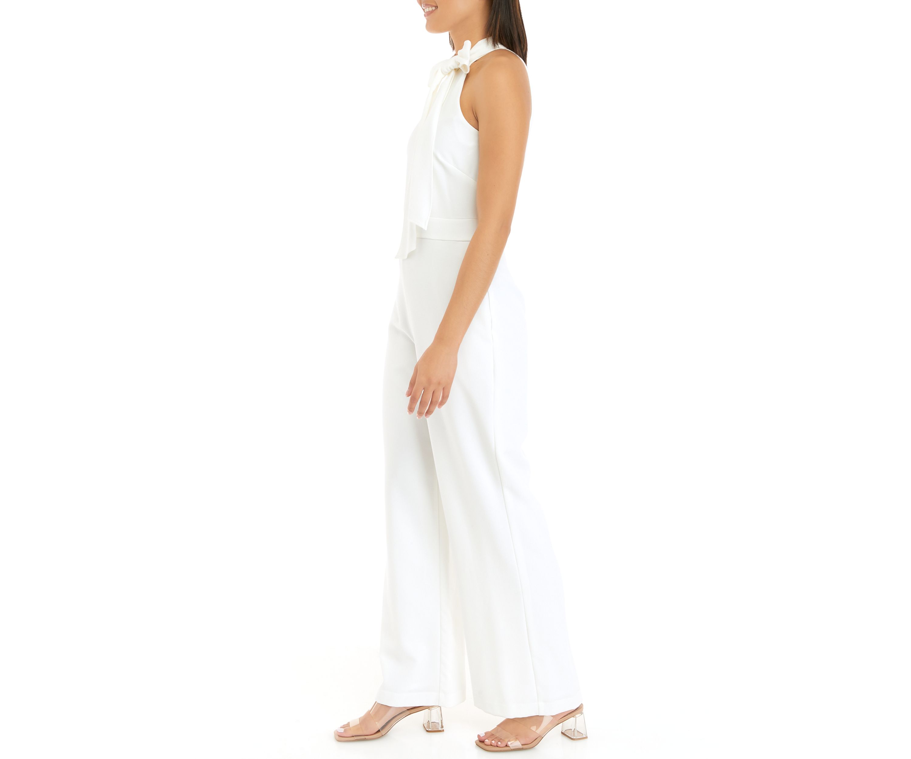 Womens Sleeveless Bow Tie Neck Solid Crepe Jumpsuit