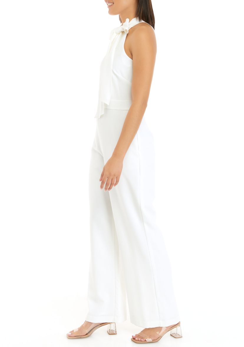 Womens Sleeveless Bow Tie Neck Solid Crepe Jumpsuit