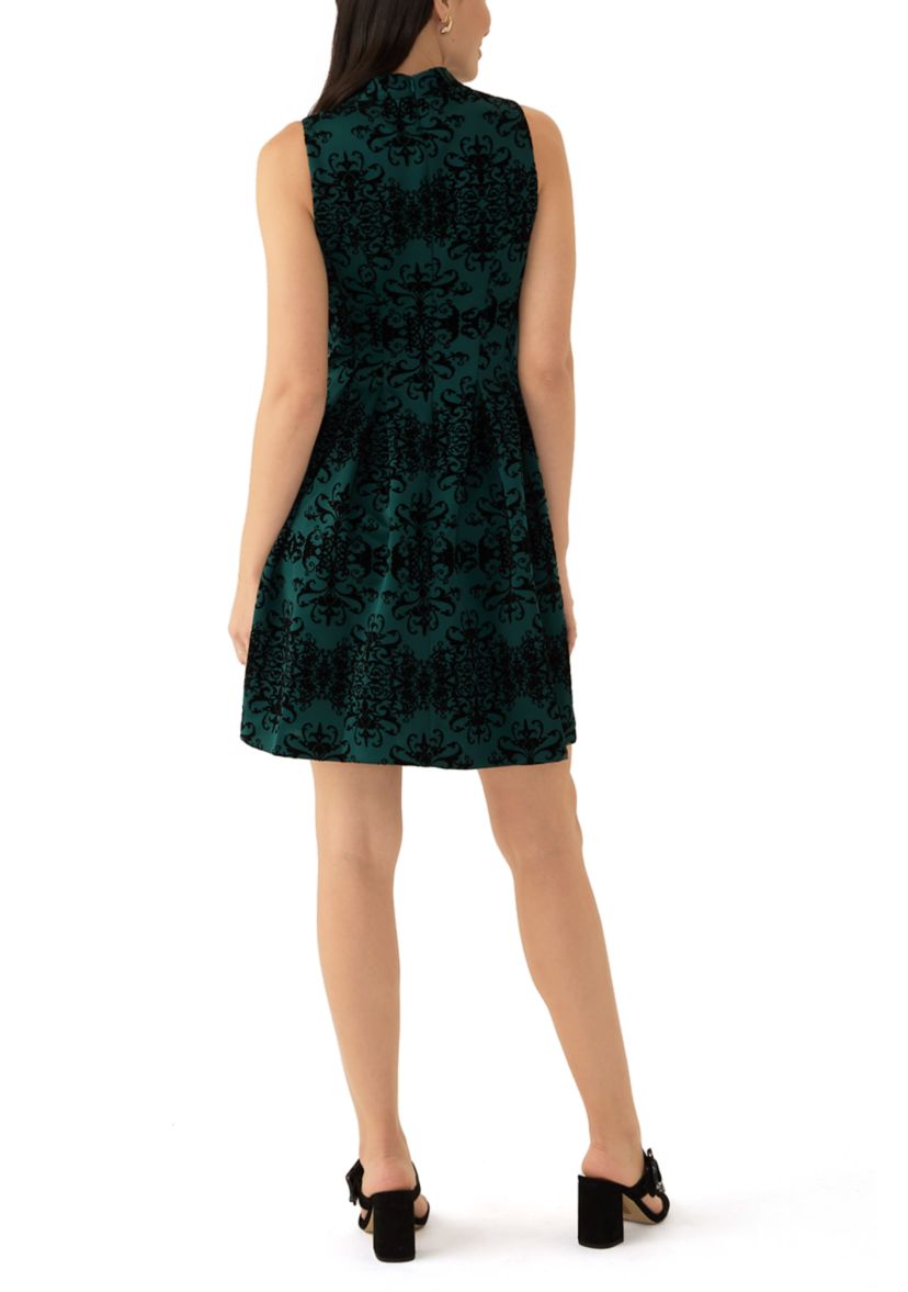 Womens Sleeveless V-Neck Printed Fit and Flare Dress