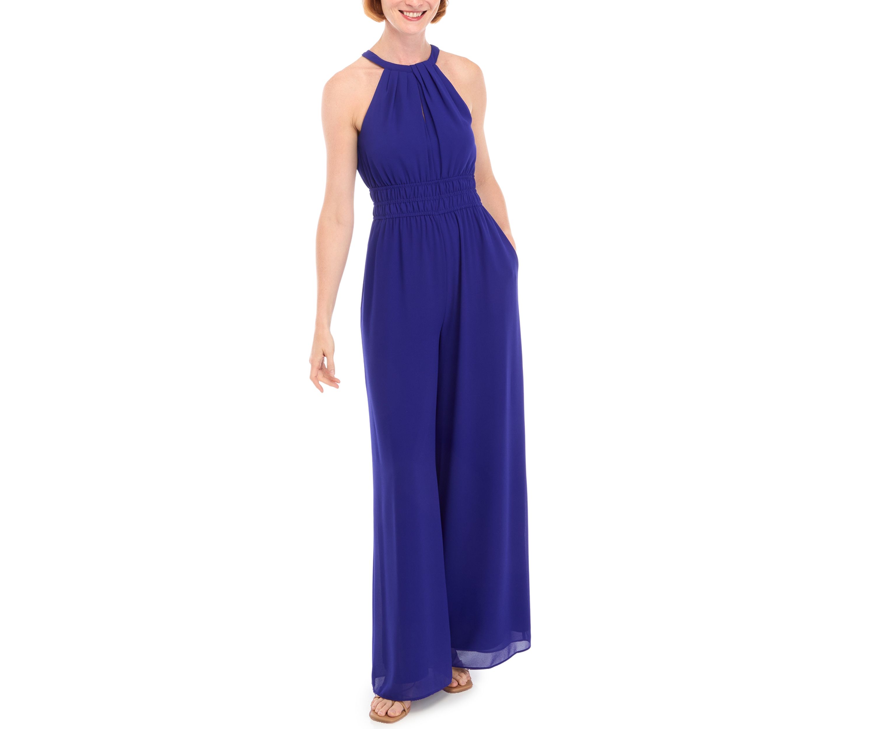Womens Sleeveless Halter Solid Jumpsuit