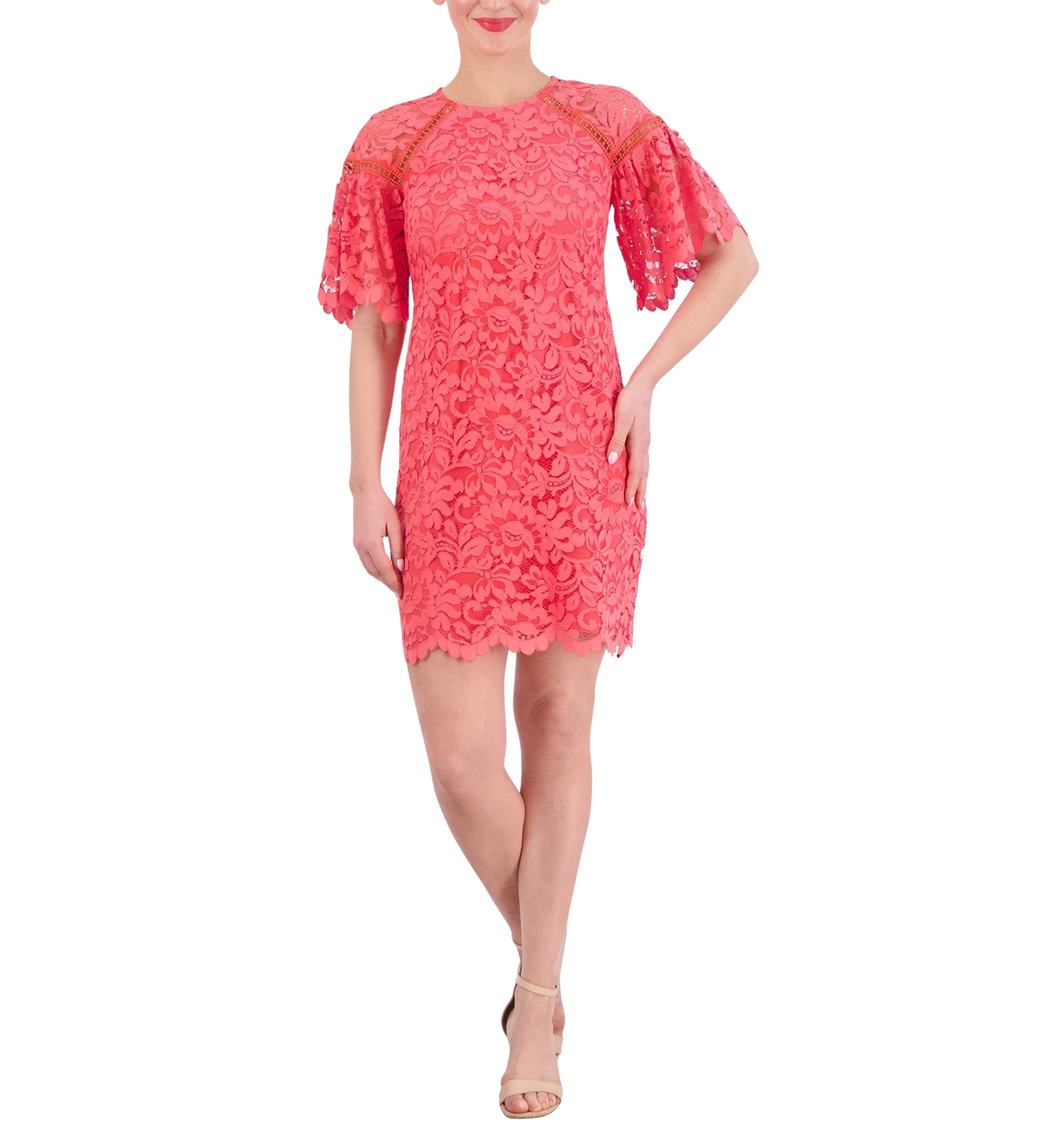 Womens Short Sleeve Lace Solid A-Line Dress