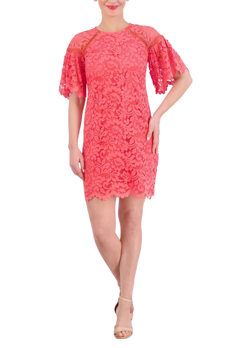 Womens Short Sleeve Lace Solid A-Line Dress