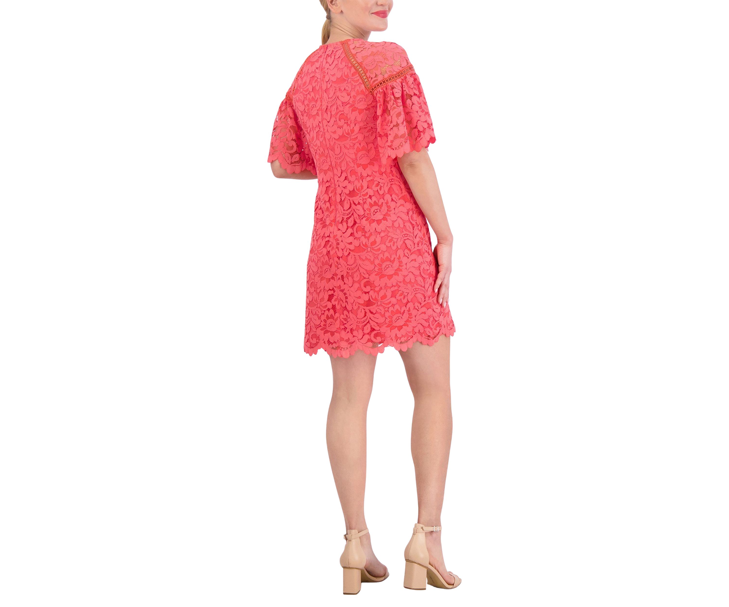 Womens Short Sleeve Lace Solid A-Line Dress