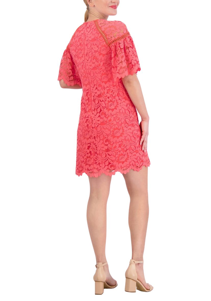 Womens Short Sleeve Lace Solid A-Line Dress