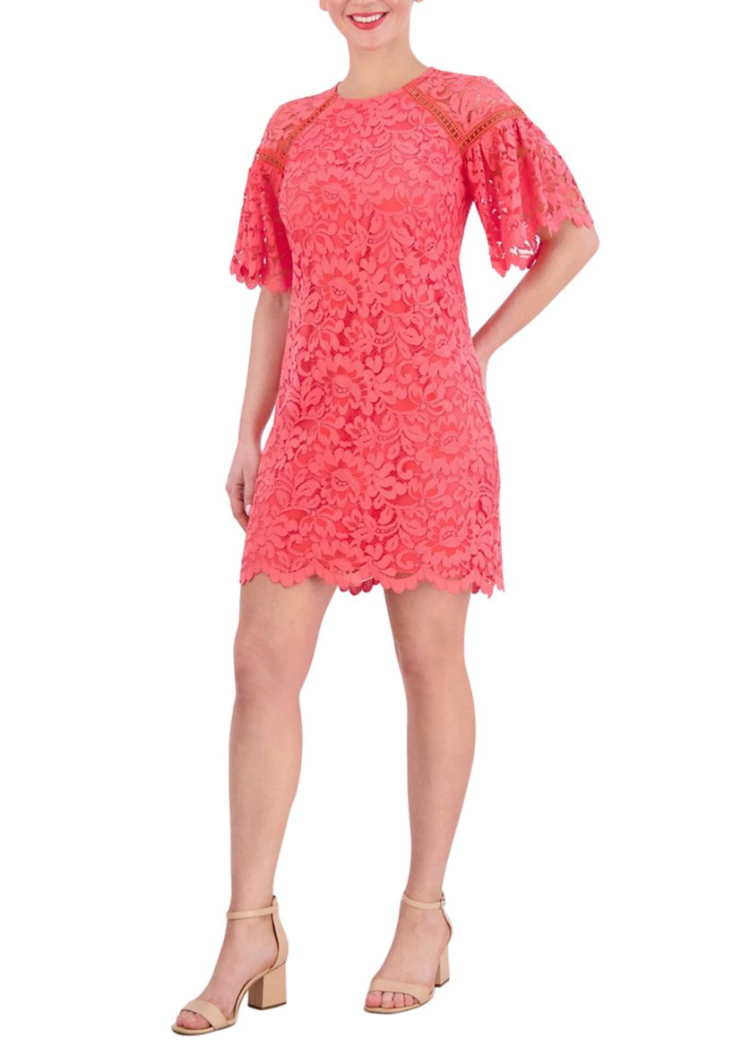 Womens Short Sleeve Lace Solid A-Line Dress