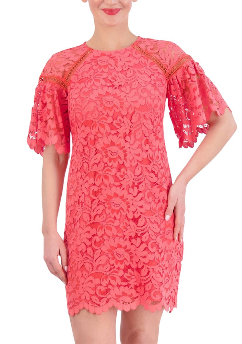 Womens Short Sleeve Lace Solid A-Line Dress