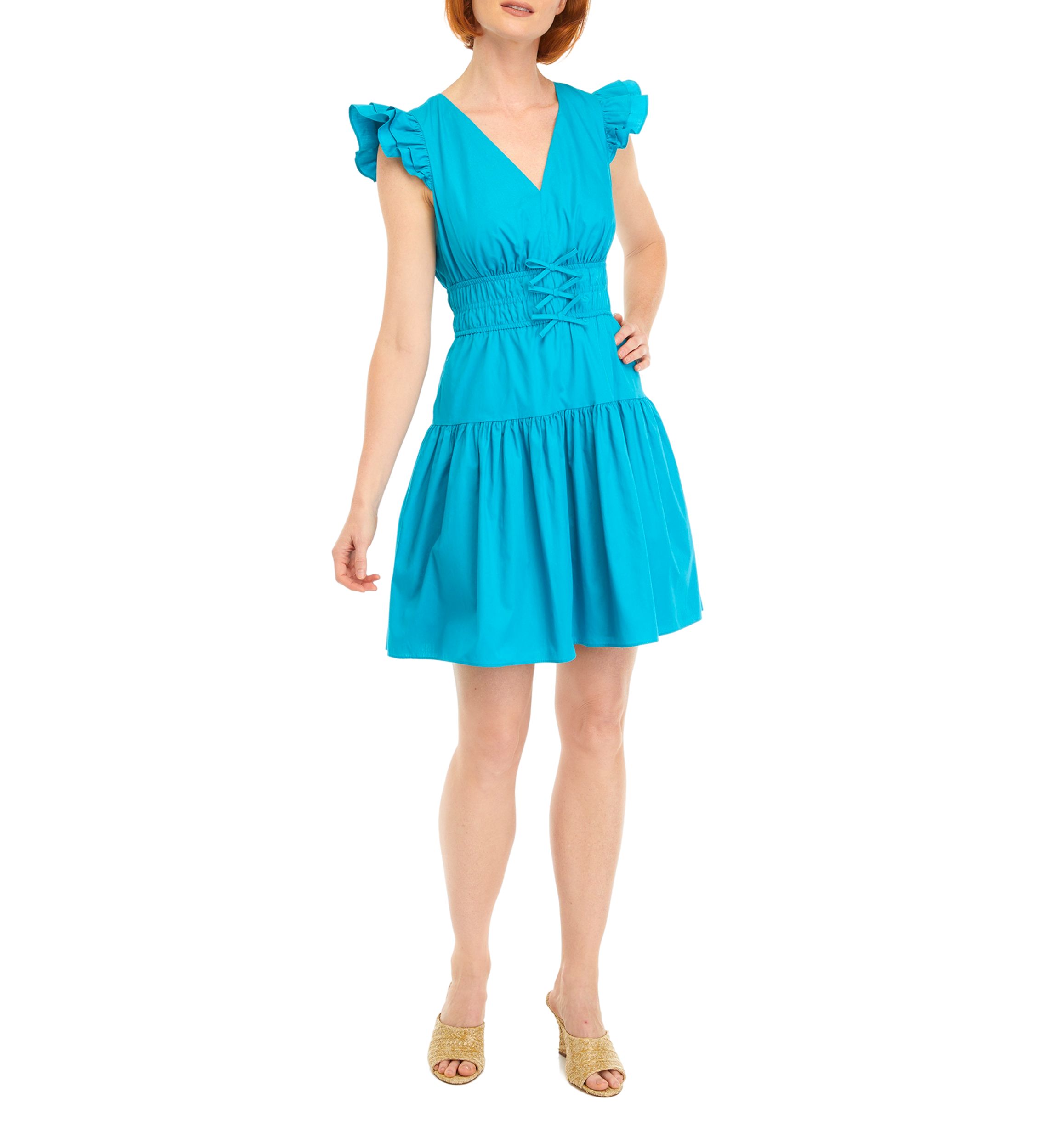 Womens Sleeveless V-Neck Solid Fit and Flare Dress
