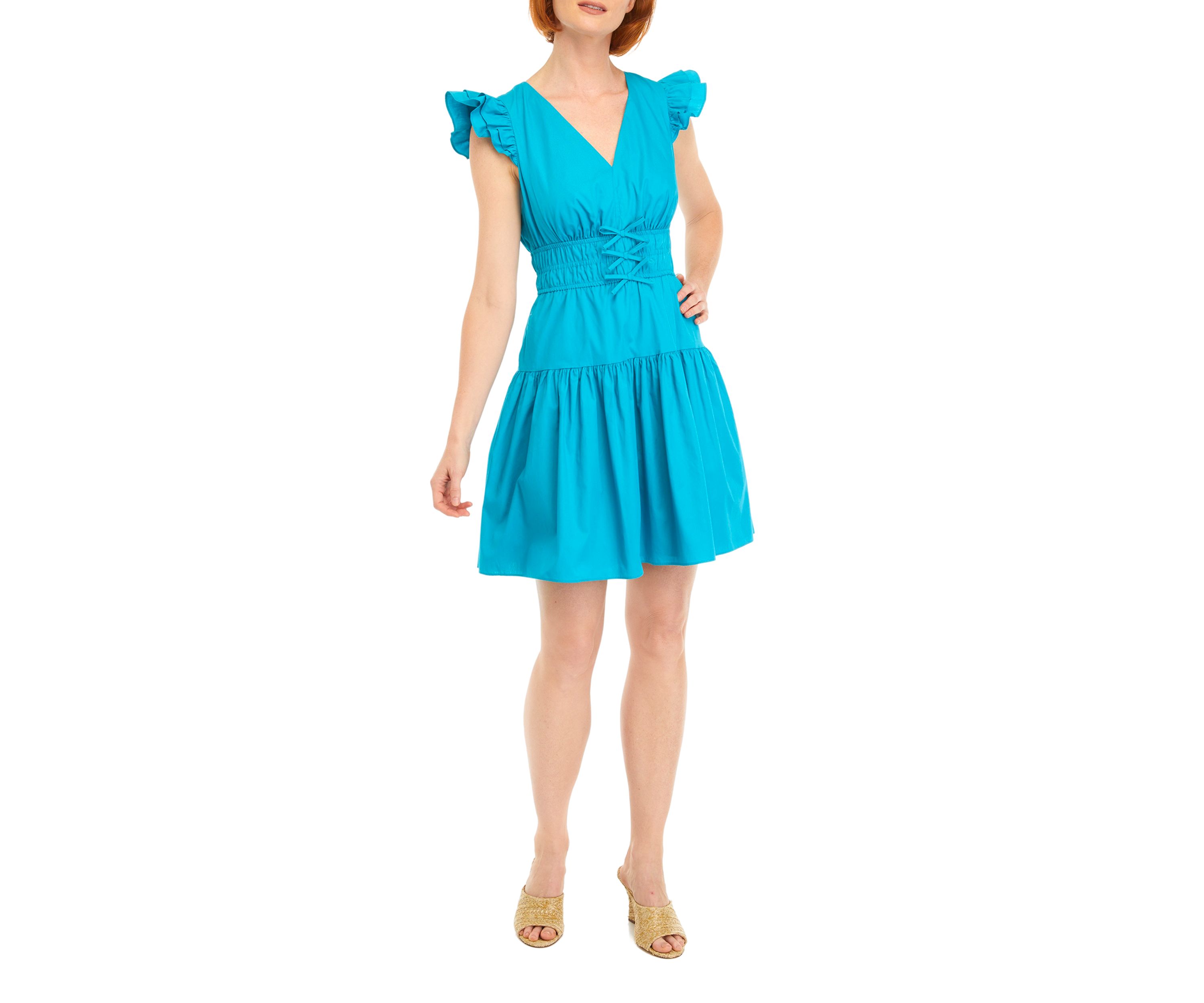 Womens Sleeveless V-Neck Solid Fit and Flare Dress