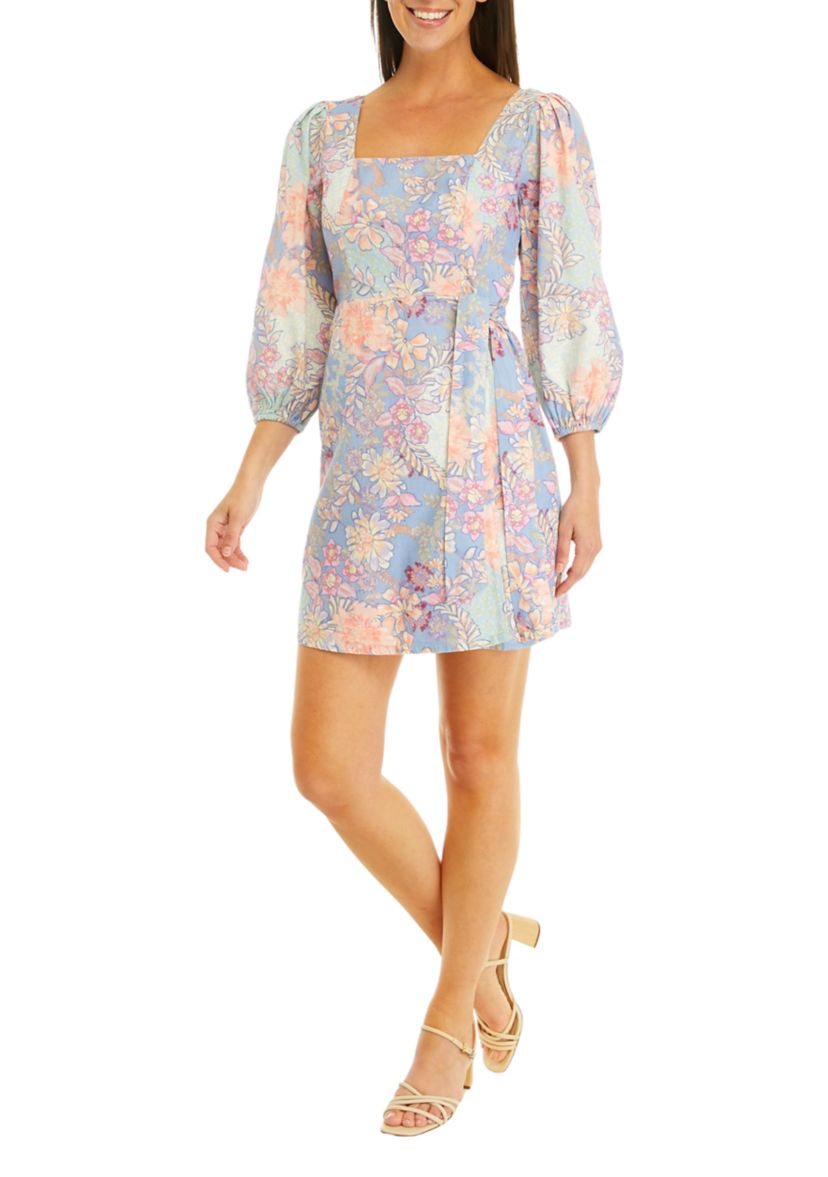 Womens Square Neck Floral Printed Sheath Dress