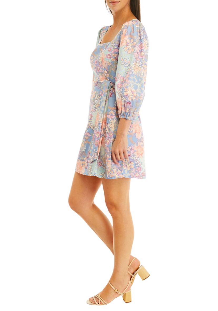 Womens Square Neck Floral Printed Sheath Dress