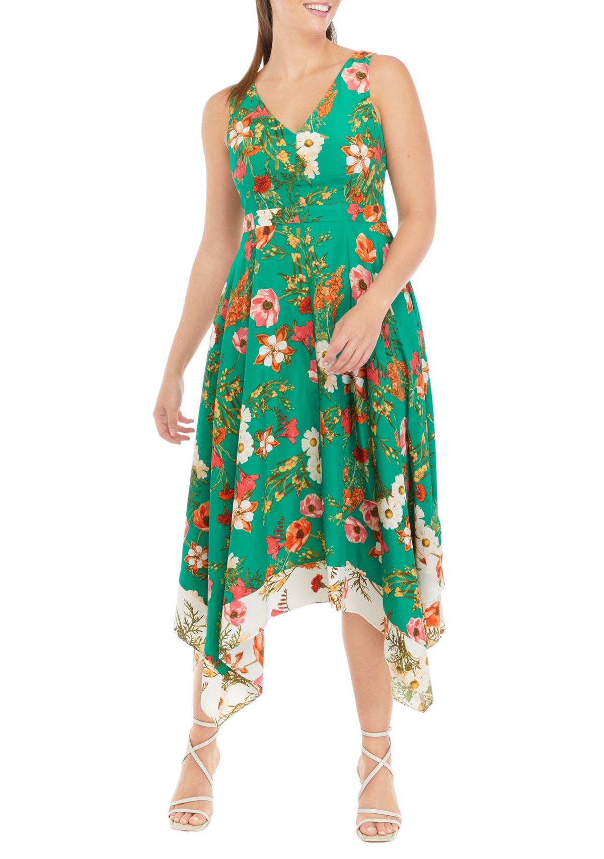 Womens Sleeveless V-Neck Floral Print Fit and Flare Midi Dress