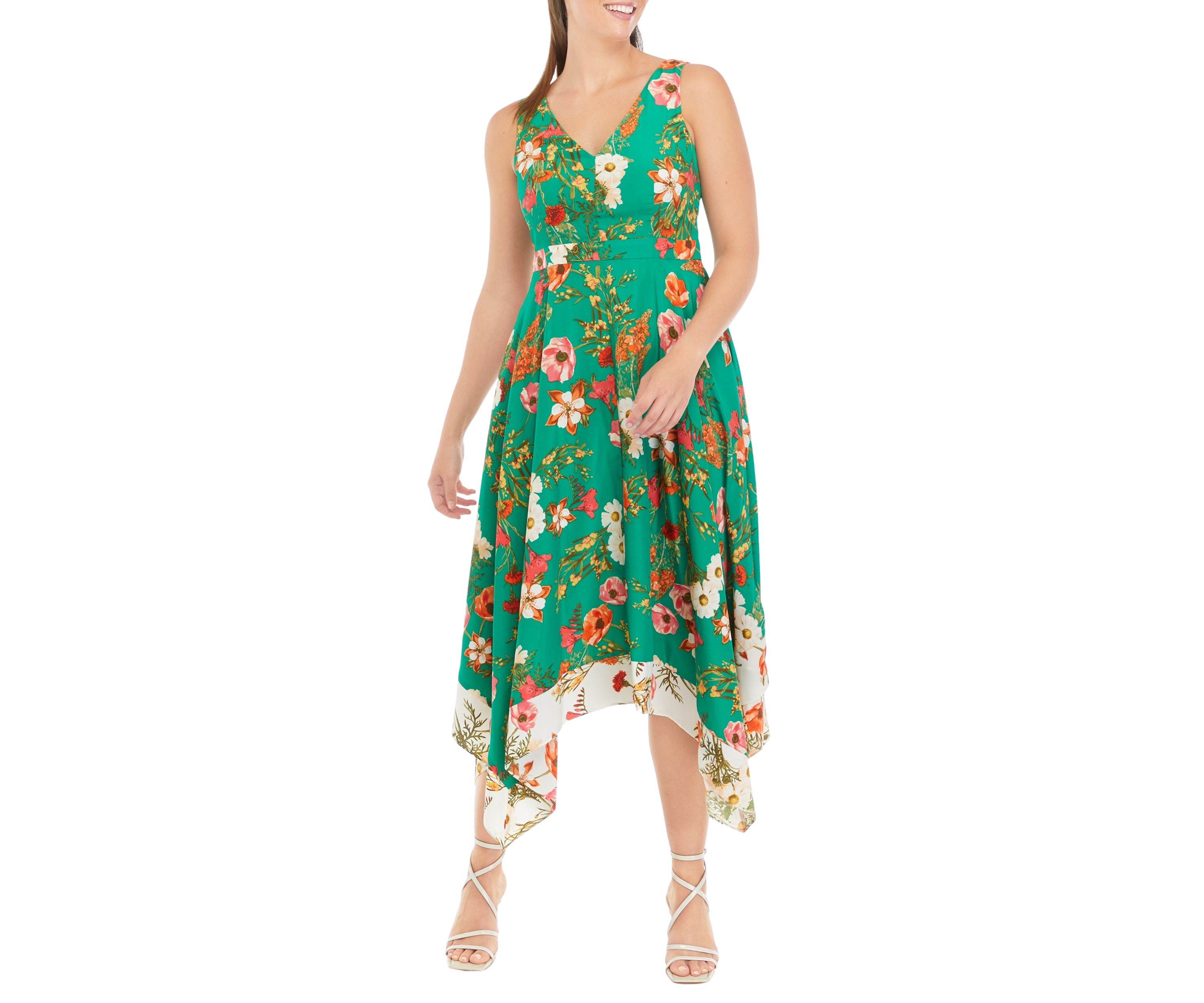 Womens Sleeveless V-Neck Floral Print Fit and Flare Midi Dress