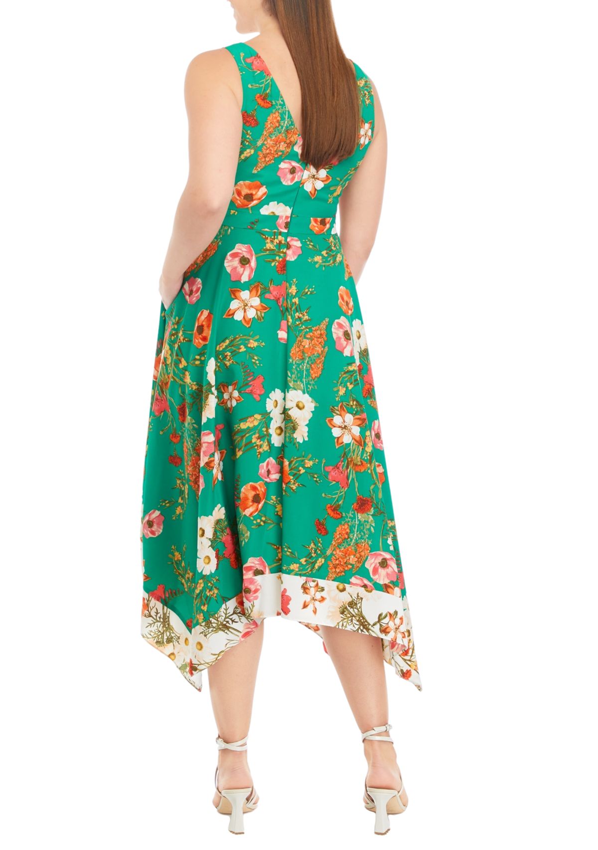 Womens Sleeveless V-Neck Floral Print Fit and Flare Midi Dress