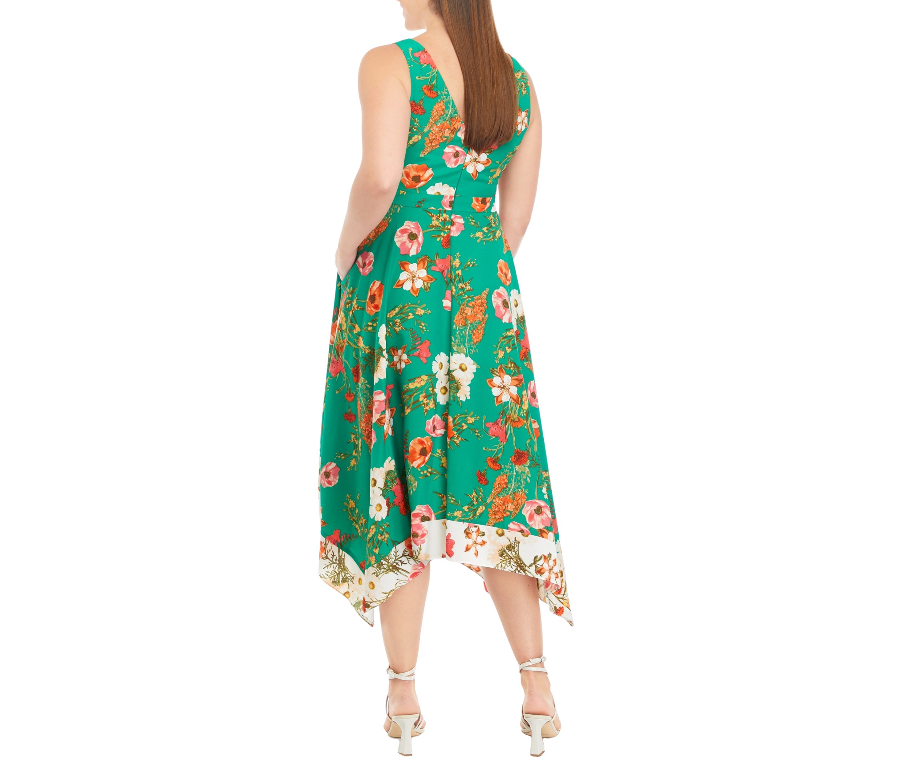 Womens Sleeveless V-Neck Floral Print Fit and Flare Midi Dress