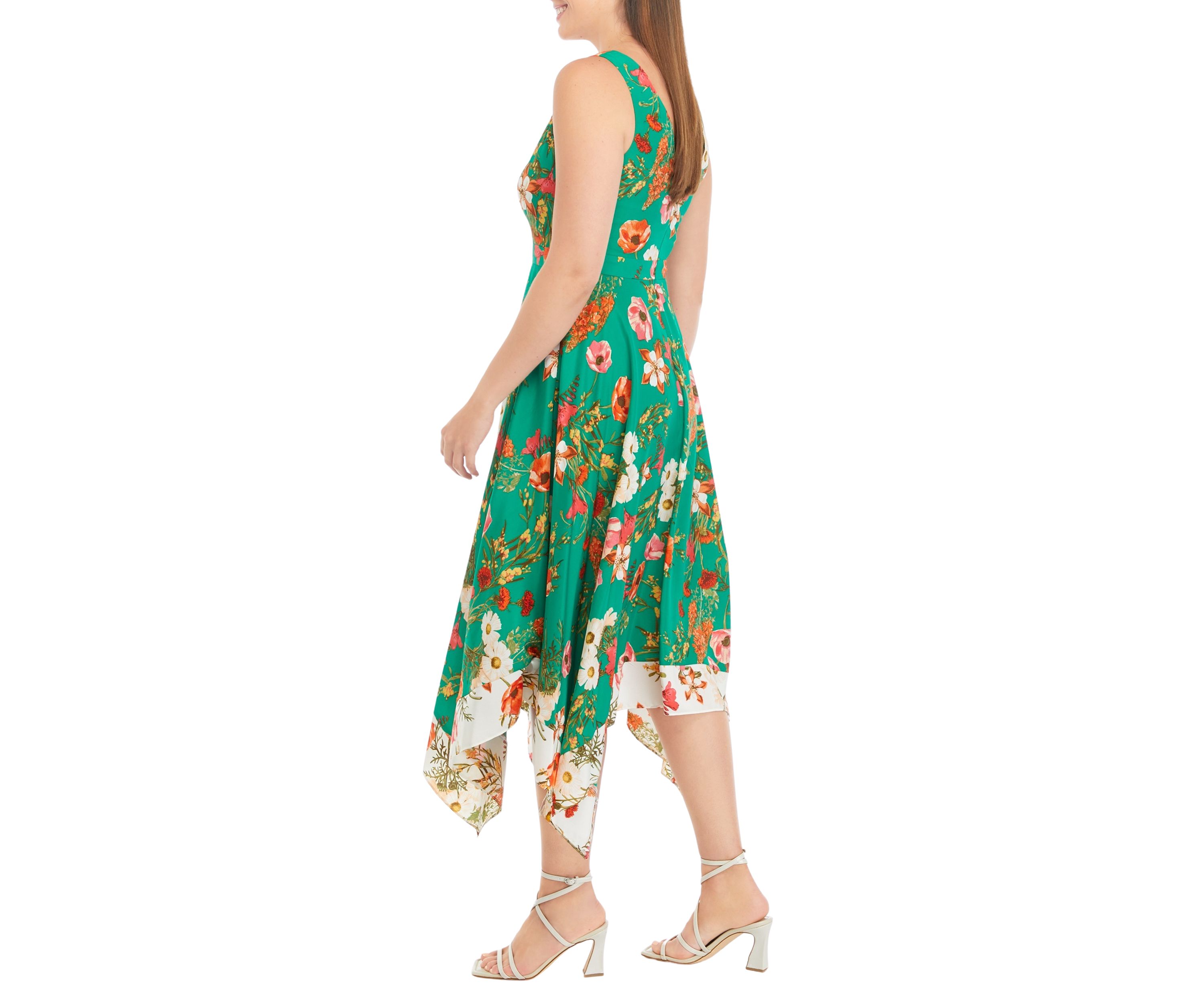 Womens Sleeveless V-Neck Floral Print Fit and Flare Midi Dress