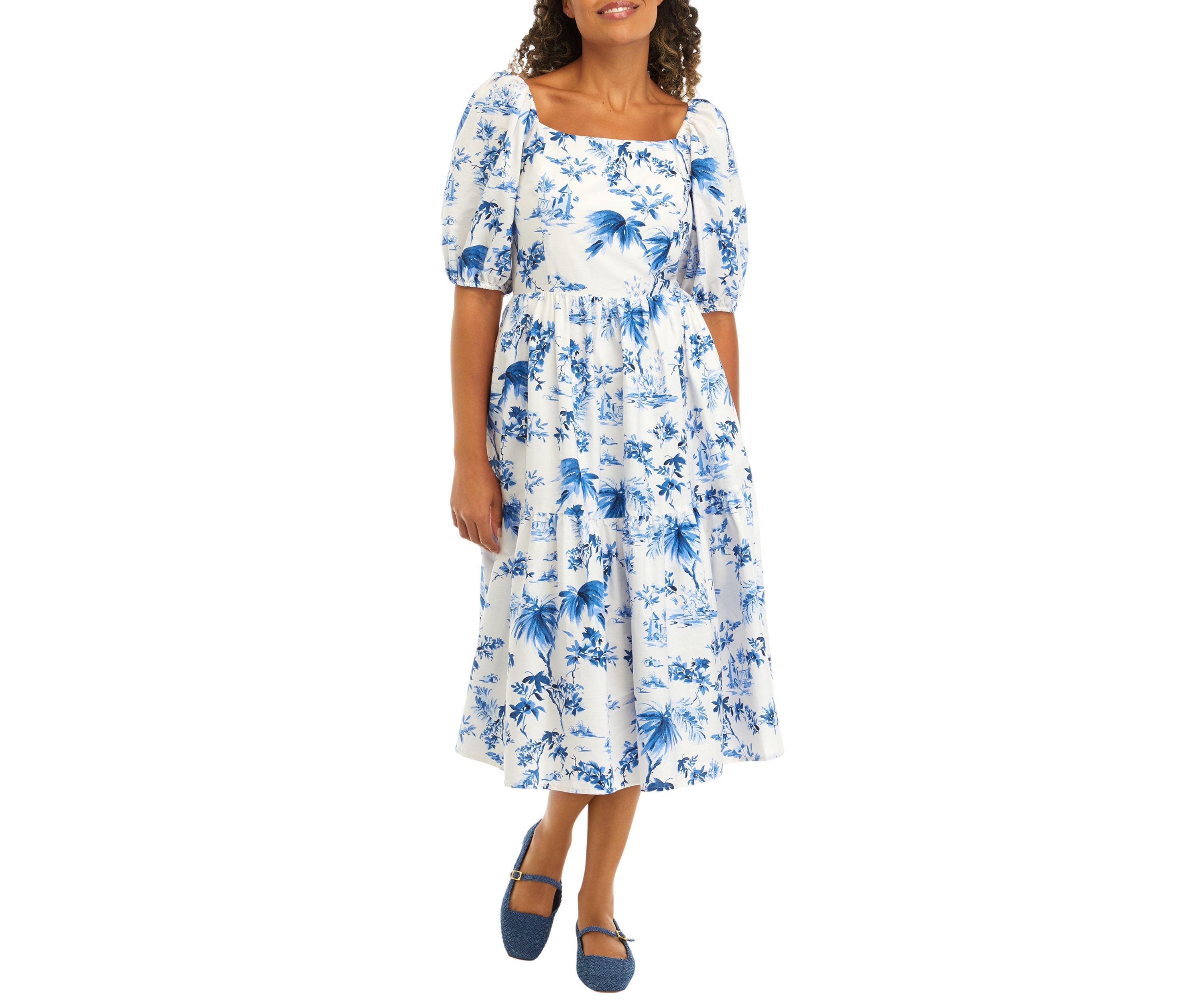 Womens Puff Sleeve Round Floral Print Cotton Fit and Flare Dress