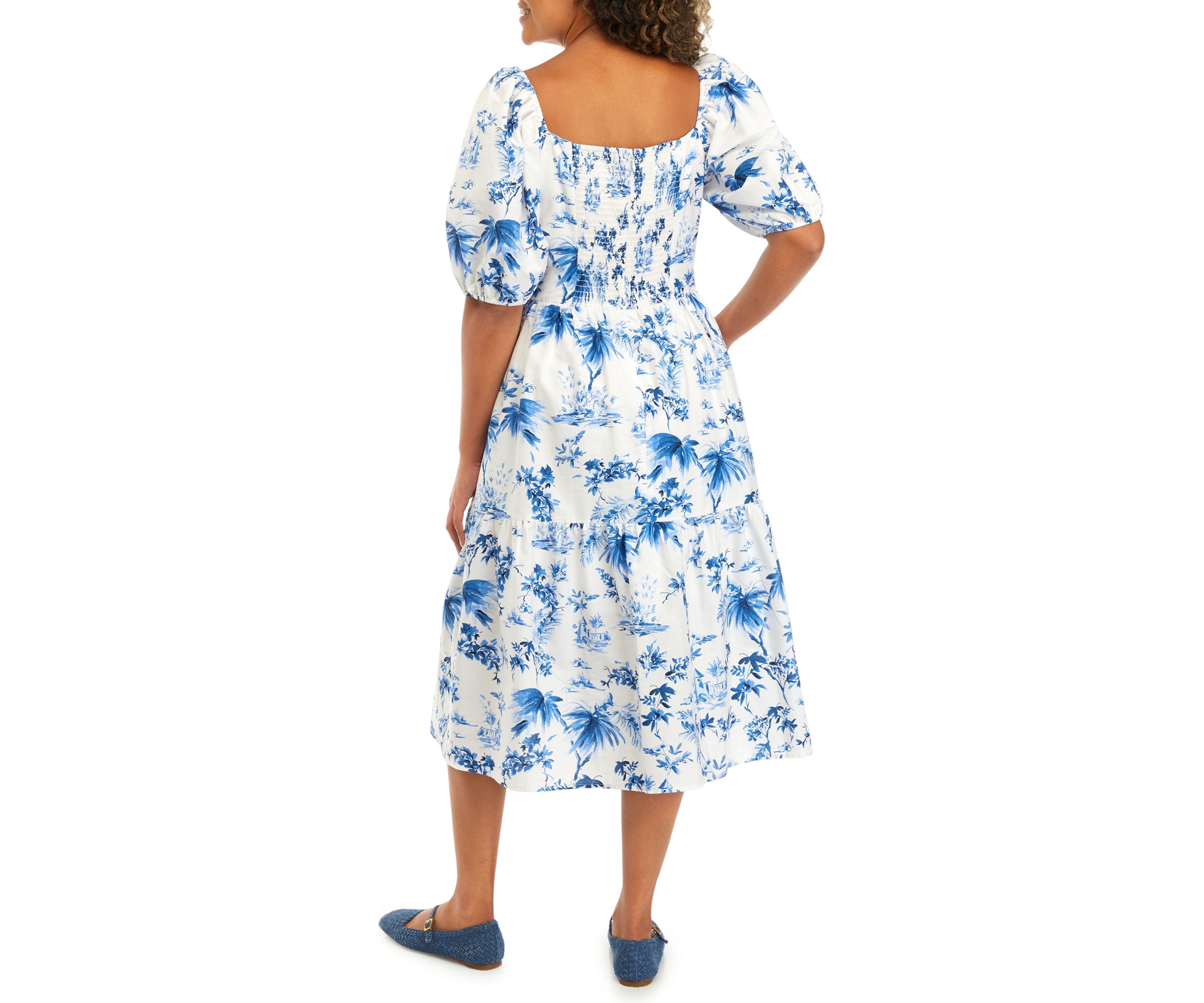 Womens Puff Sleeve Round Floral Print Cotton Fit and Flare Dress