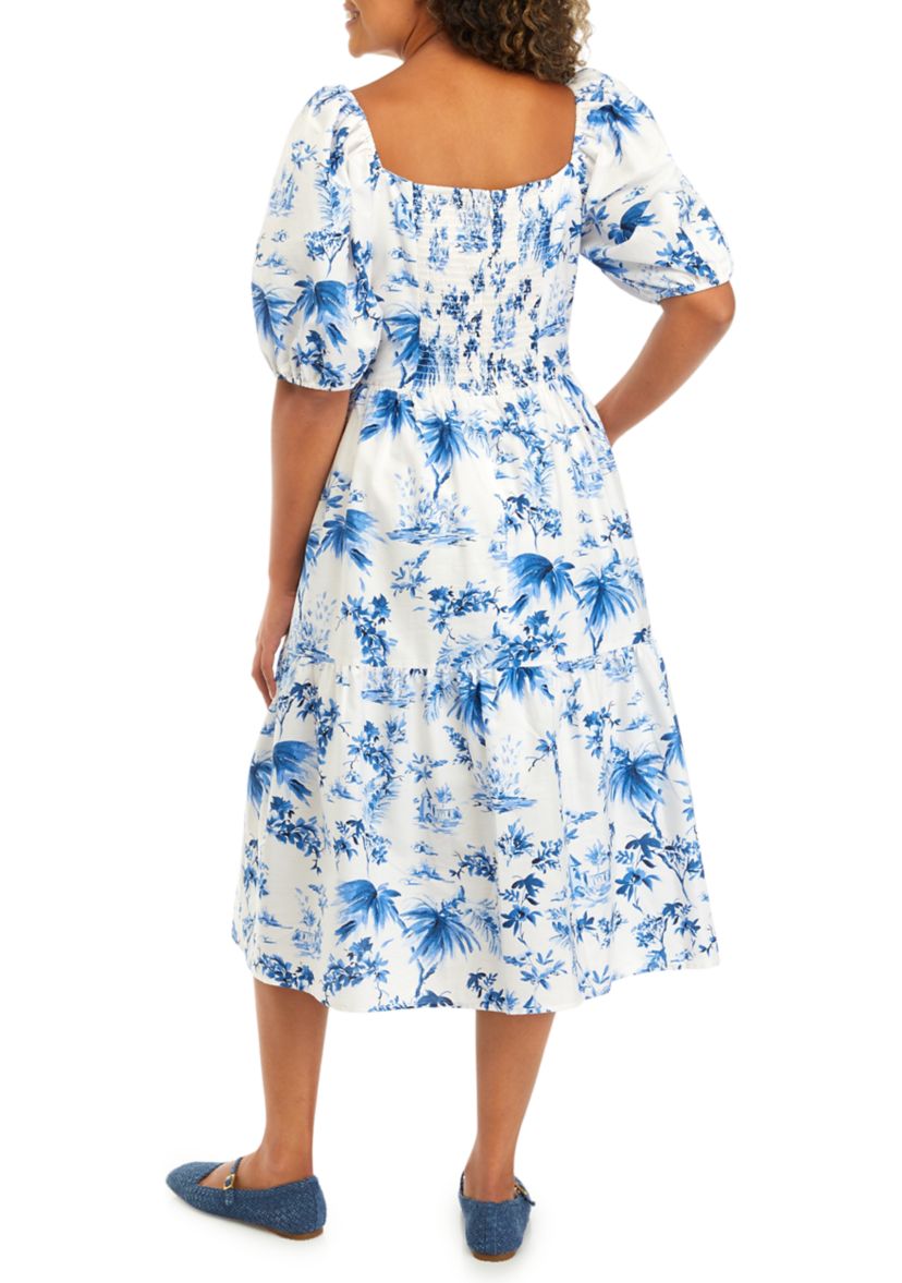 Womens Puff Sleeve Round Floral Print Cotton Fit and Flare Dress