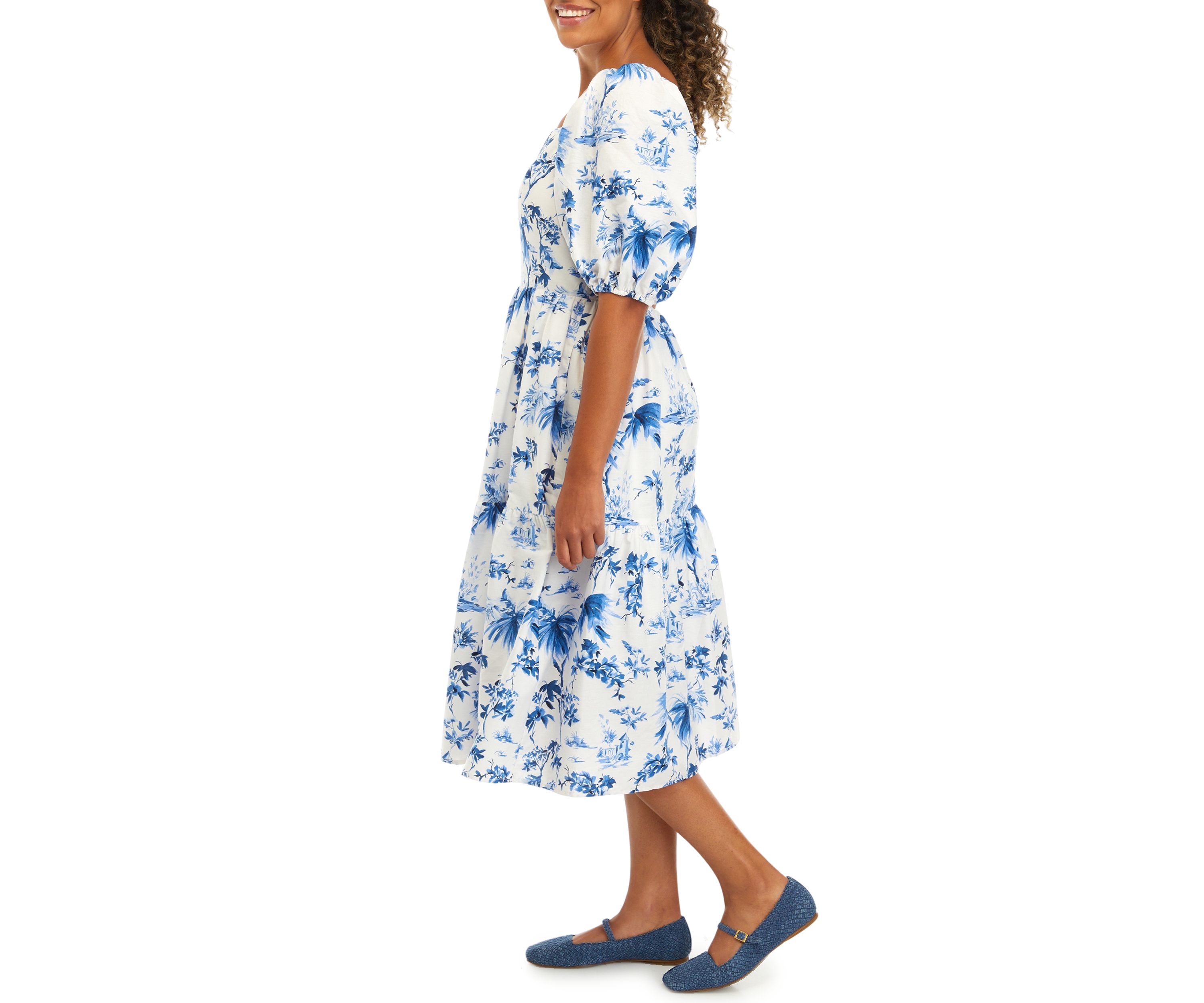 Womens Puff Sleeve Round Floral Print Cotton Fit and Flare Dress