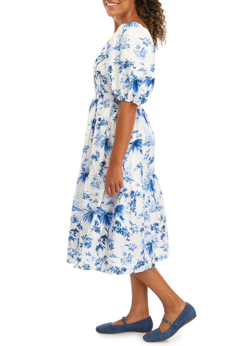 Womens Puff Sleeve Round Floral Print Cotton Fit and Flare Dress