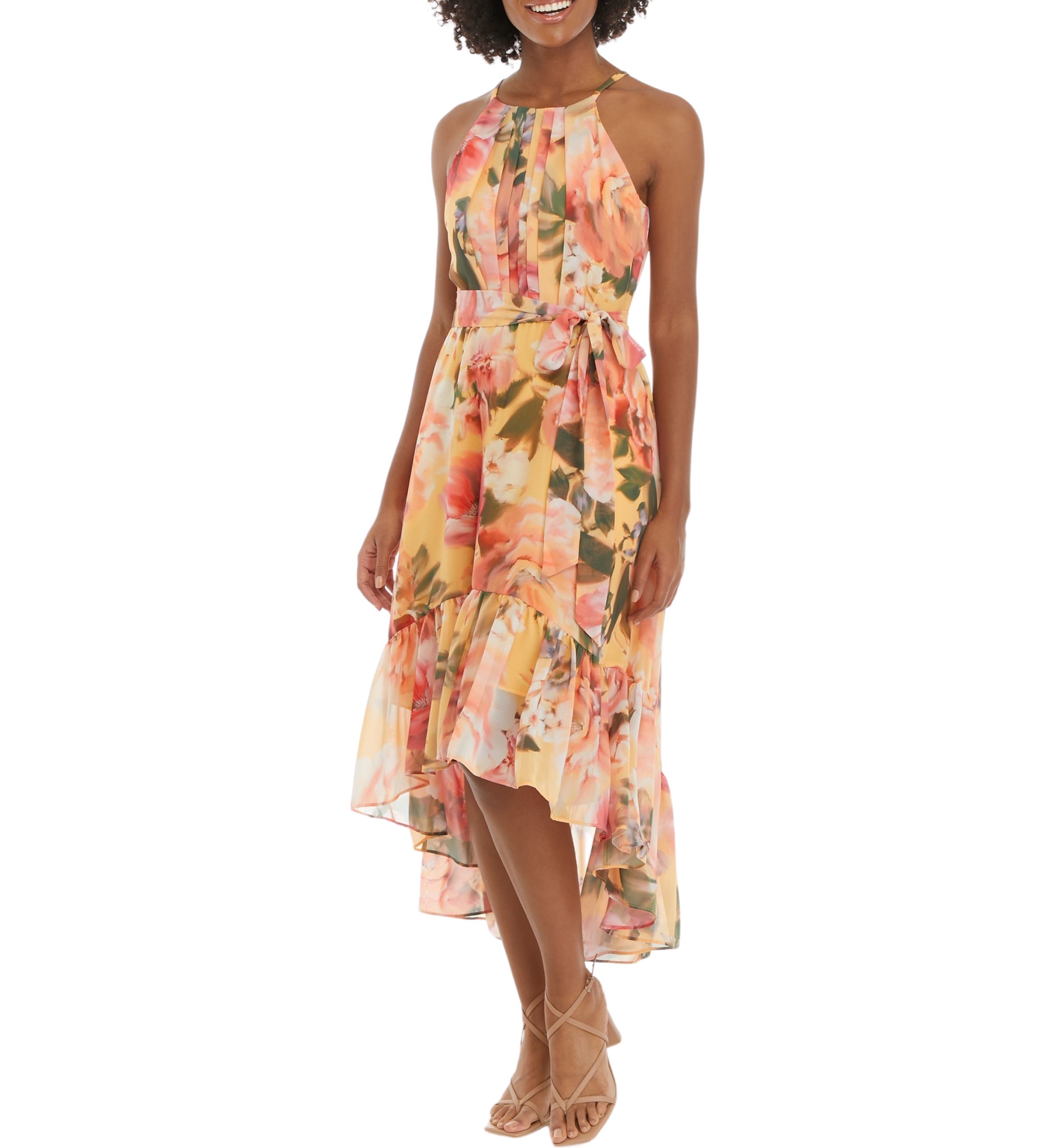 Womens Sleeveless Halter Neck Printed Tie Waist Fit and Flare Dress