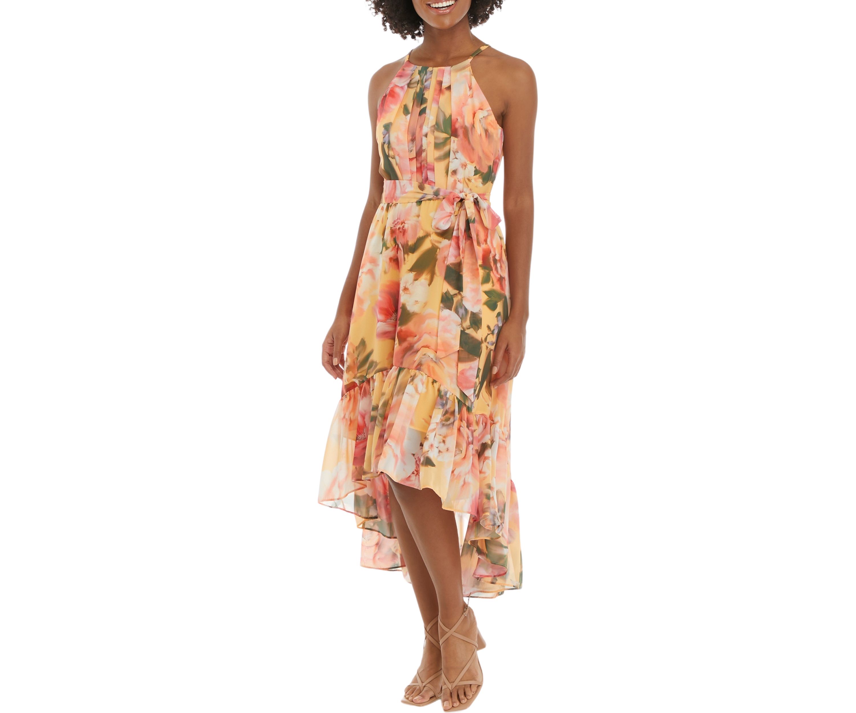 Womens Sleeveless Halter Neck Printed Tie Waist Fit and Flare Dress