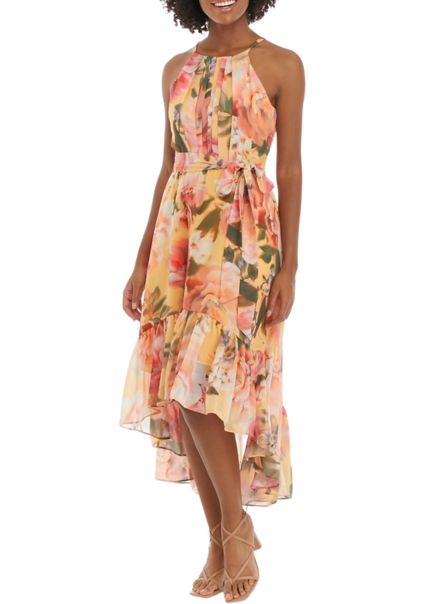 Womens Sleeveless Halter Neck Printed Tie Waist Fit and Flare Dress