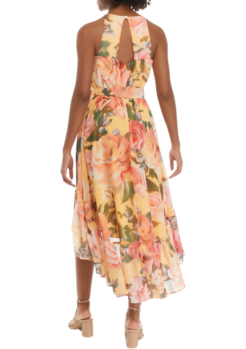 Womens Sleeveless Halter Neck Printed Tie Waist Fit and Flare Dress