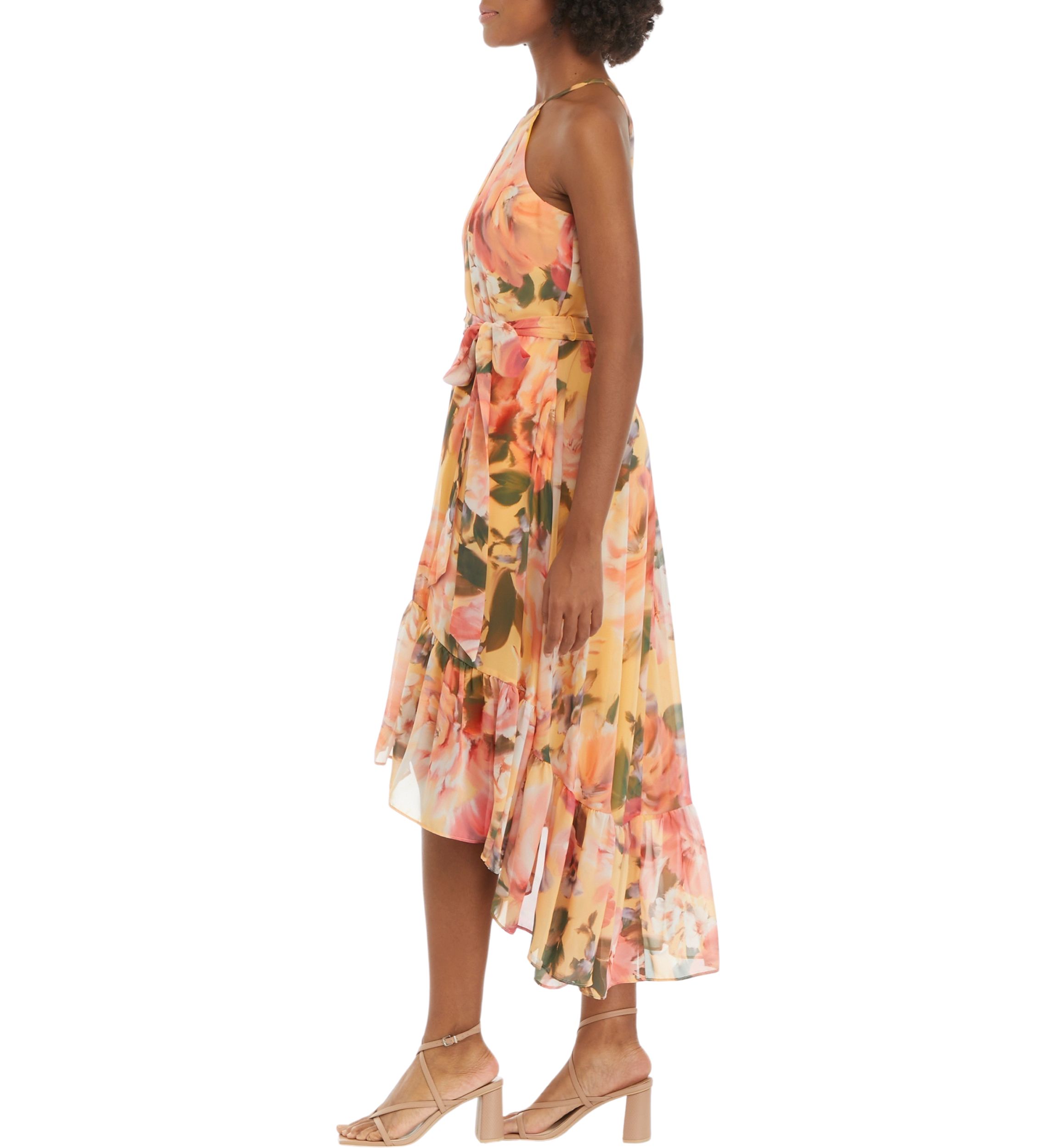 Womens Sleeveless Halter Neck Printed Tie Waist Fit and Flare Dress