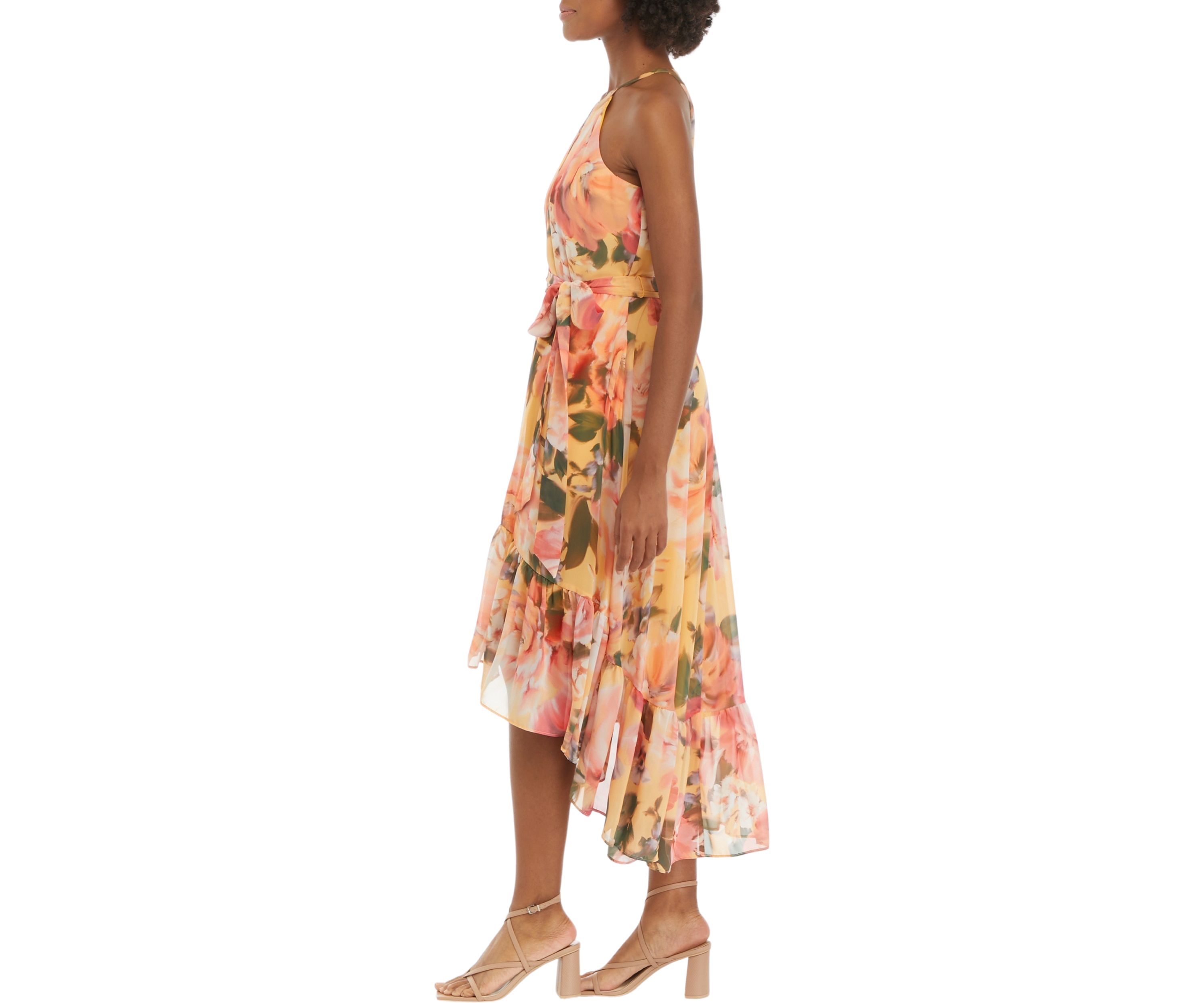 Womens Sleeveless Halter Neck Printed Tie Waist Fit and Flare Dress