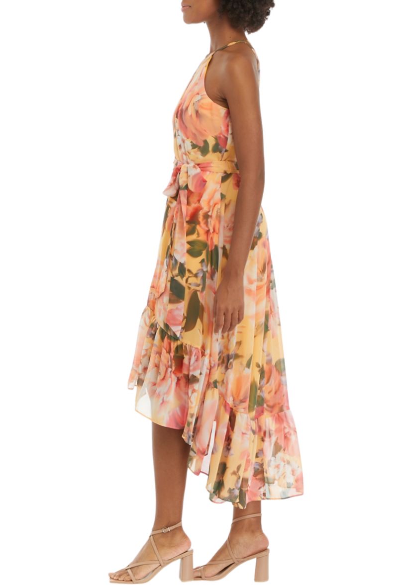 Womens Sleeveless Halter Neck Printed Tie Waist Fit and Flare Dress