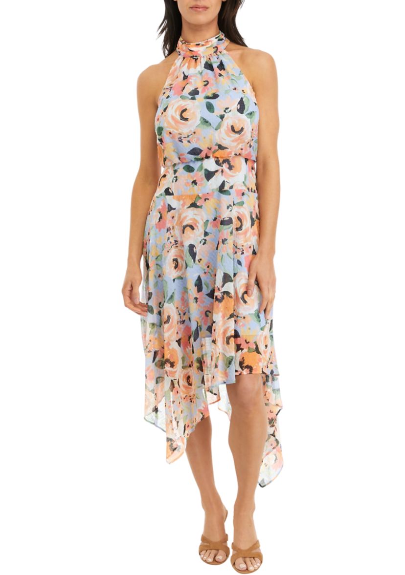 Womens Sleeveless Halter Neck Asymmetrical Hem Printed Midi Dress