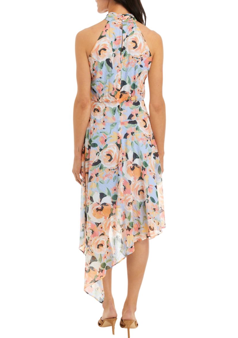 Womens Sleeveless Halter Neck Asymmetrical Hem Printed Midi Dress