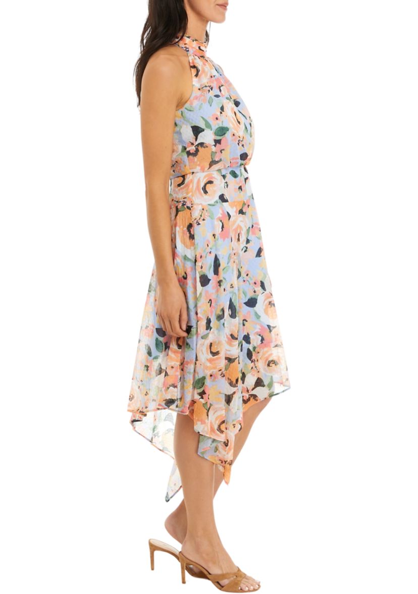 Womens Sleeveless Halter Neck Asymmetrical Hem Printed Midi Dress