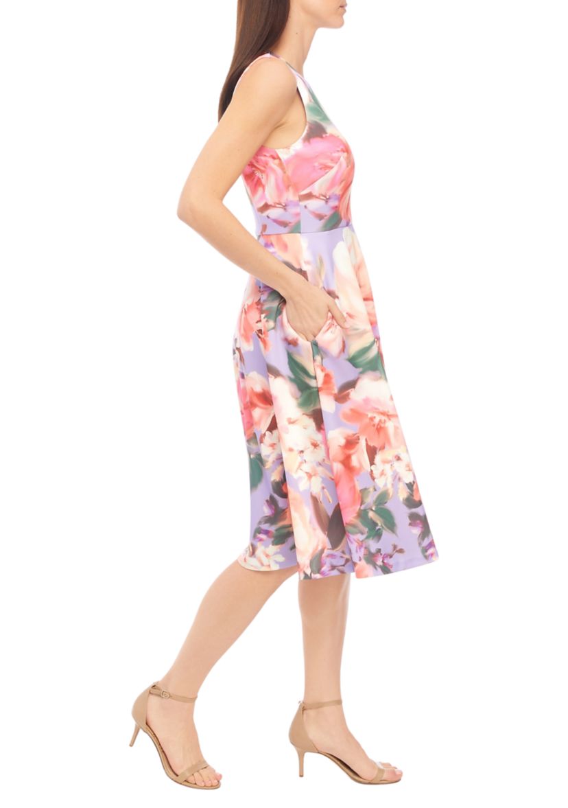 Womens Sleeveless Floral Print Fit and Flare Dress