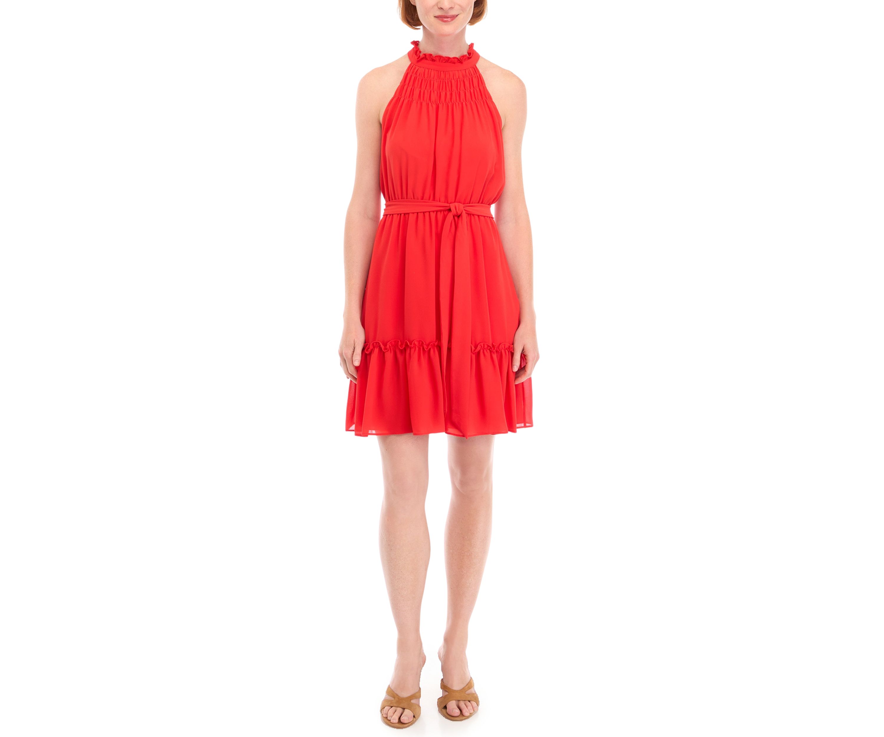 Womens Sleeveless Ruffle Neck Chiffon Fit and Flare Dress