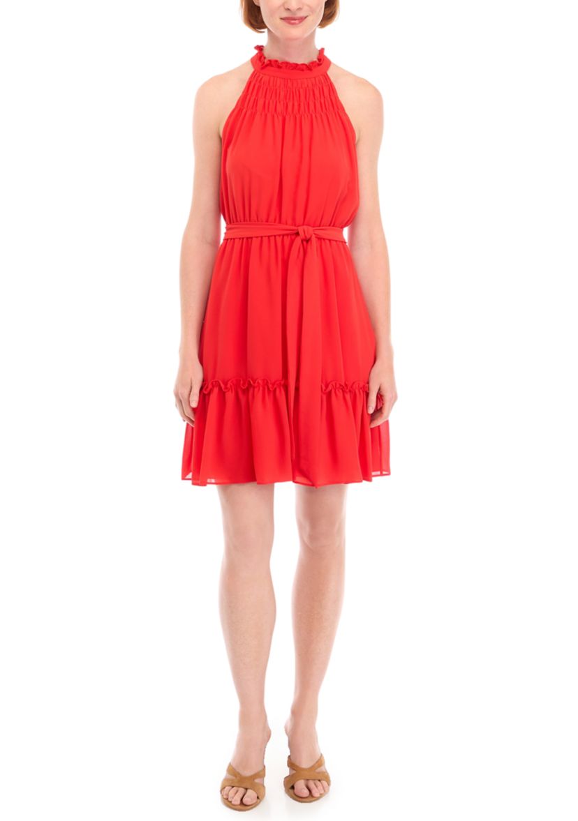 Womens Sleeveless Ruffle Neck Chiffon Fit and Flare Dress