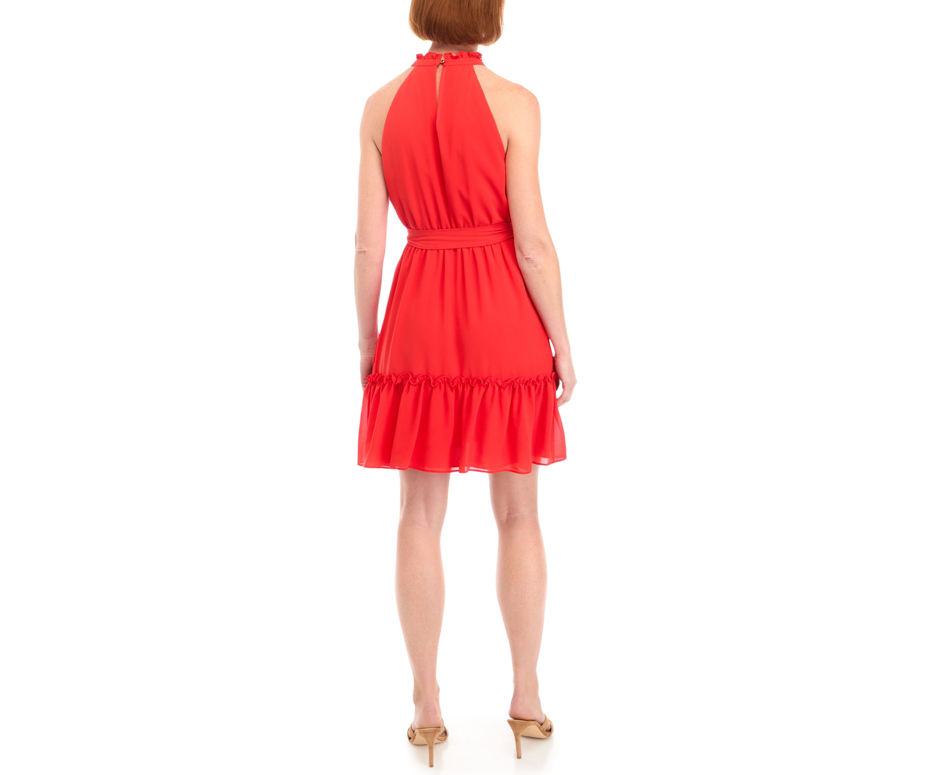 Womens Sleeveless Ruffle Neck Chiffon Fit and Flare Dress