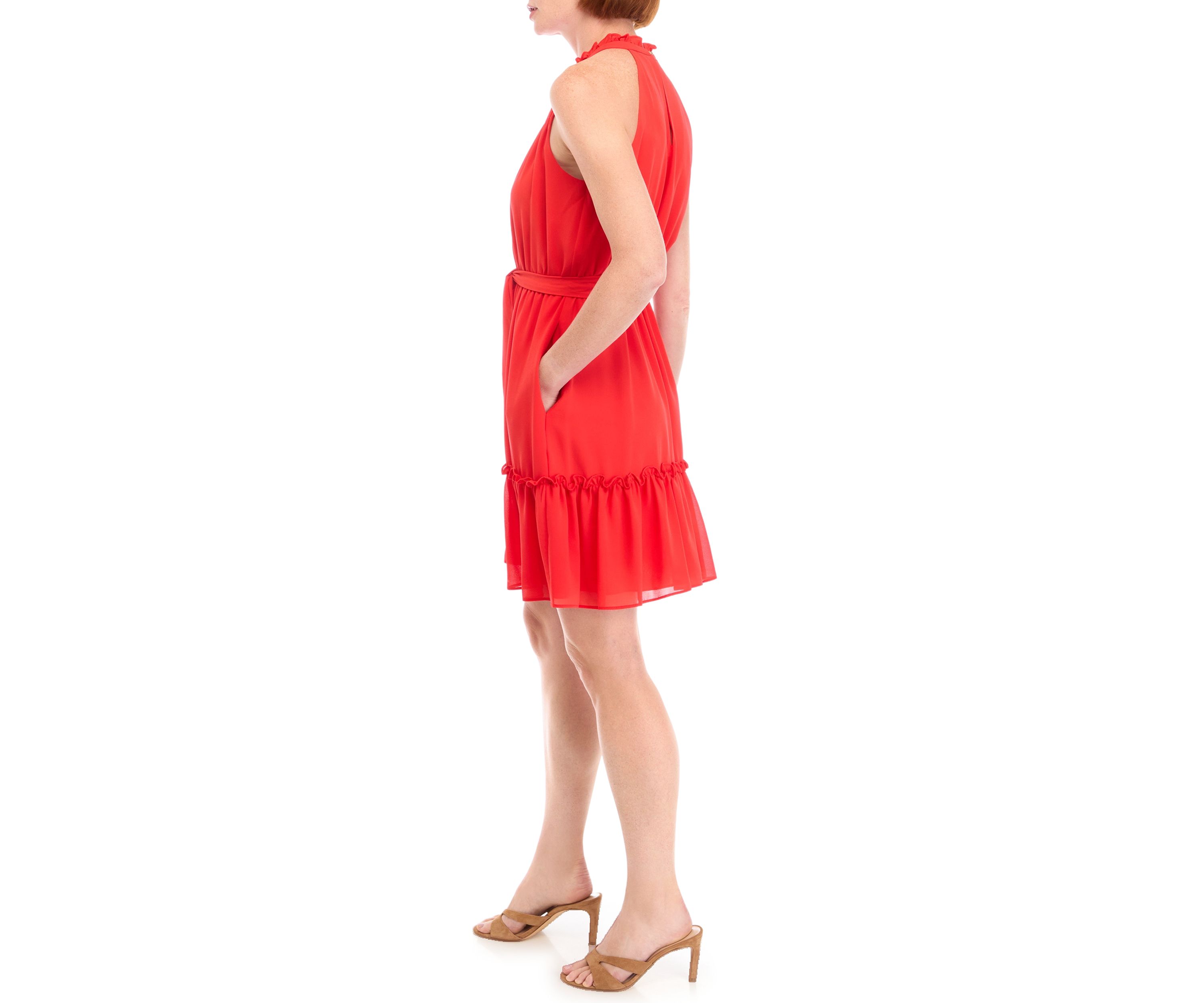 Womens Sleeveless Ruffle Neck Chiffon Fit and Flare Dress