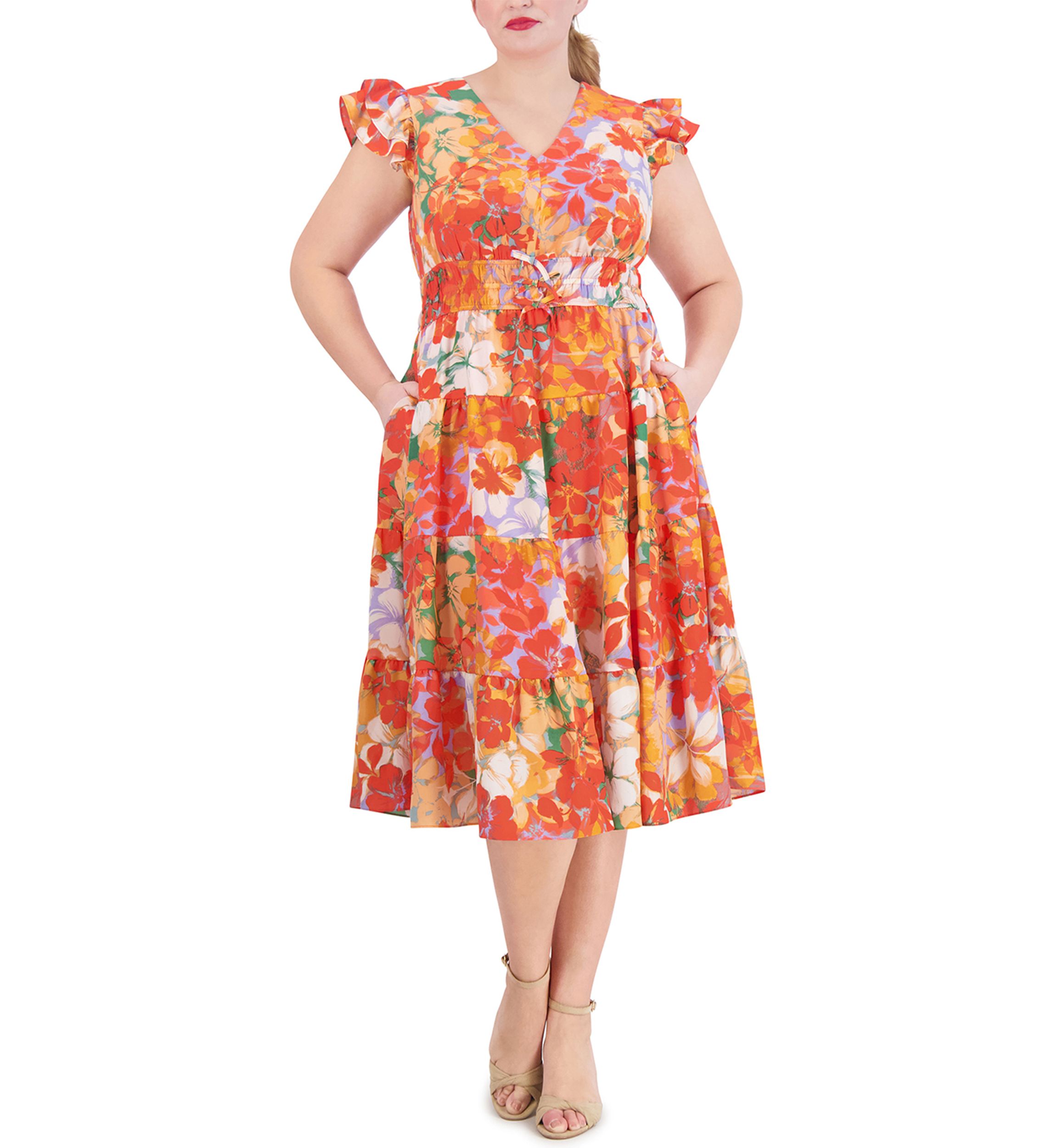 Womens Short Sleeve V-Neck Smocked Waist Floral Dress
